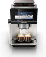 Siemens EQ900 automatisk espressomaskine, stor TFT-farveskærm, 2 bønnebeholdere, 36 varme og kolde drikke, kold kaffe, super støjsvag, to kopsfunktion, appkontrol, rustfrit stål, TQ907D03