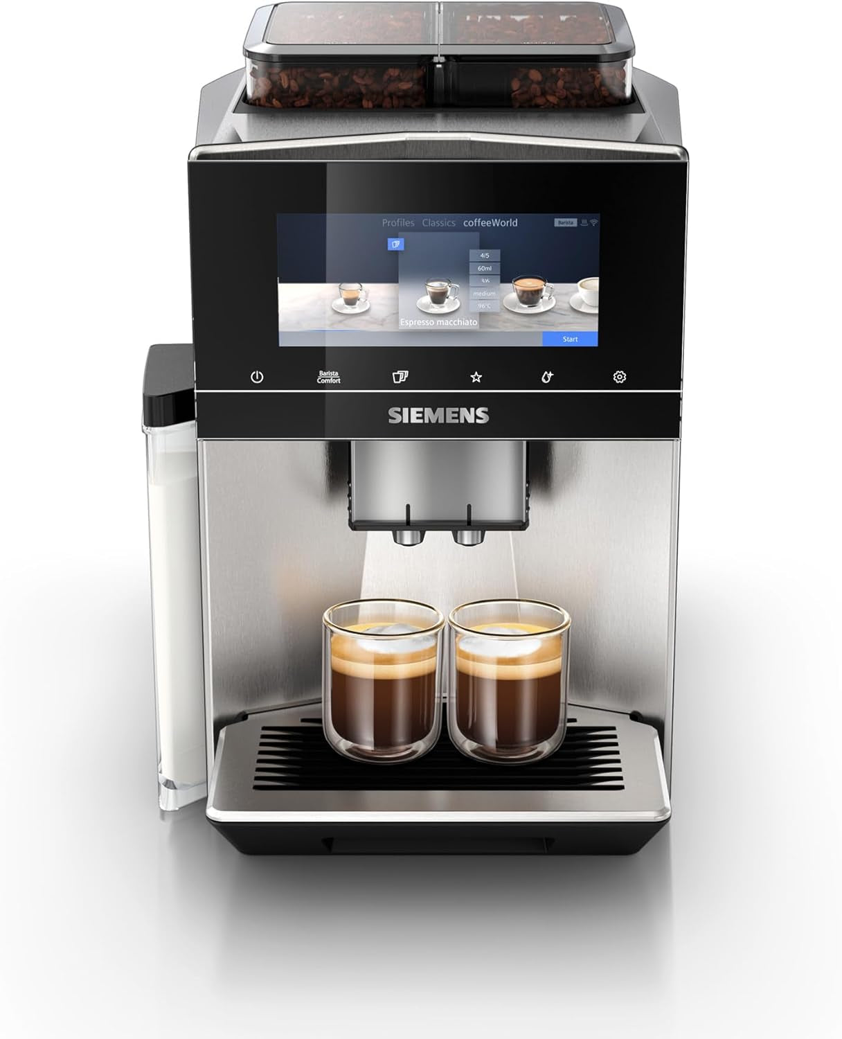Siemens EQ900 automatisk espressomaskine, stor TFT-farveskærm, 2 bønnebeholdere, 36 varme og kolde drikke, kold kaffe, super støjsvag, to kopsfunktion, appkontrol, rustfrit stål, TQ907D03