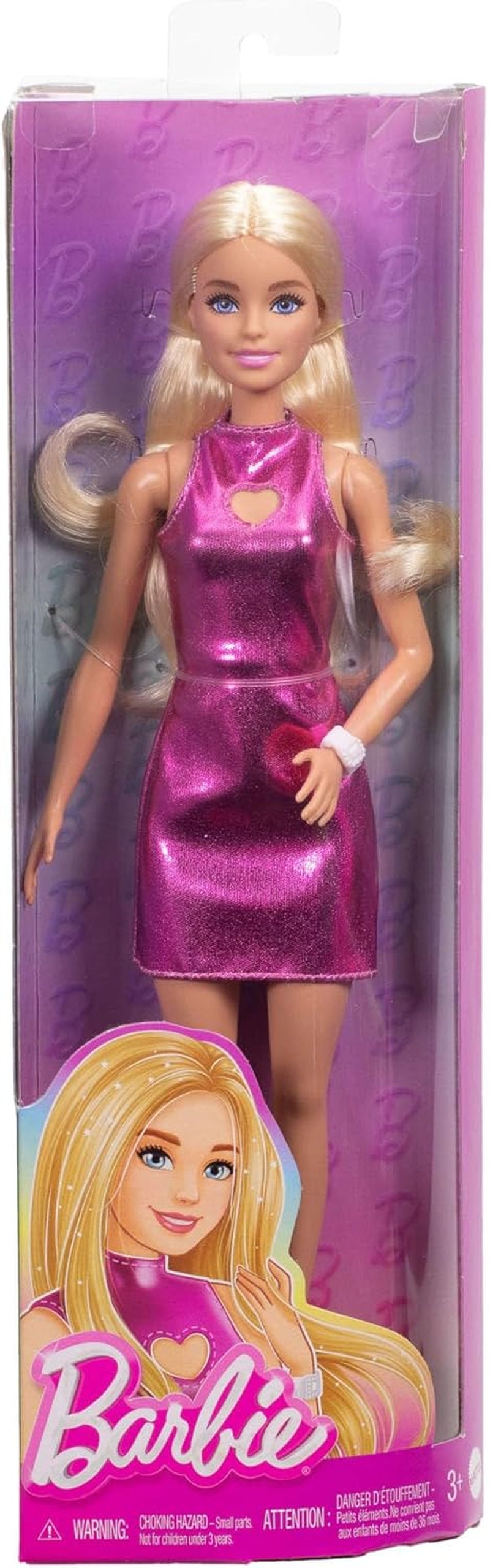 Barbie Fashionista dukke nr. 230 med blond hår, pink metallisk minikjole med hjerteudskæring, hvidt armbånd og høje hæle, HYT88