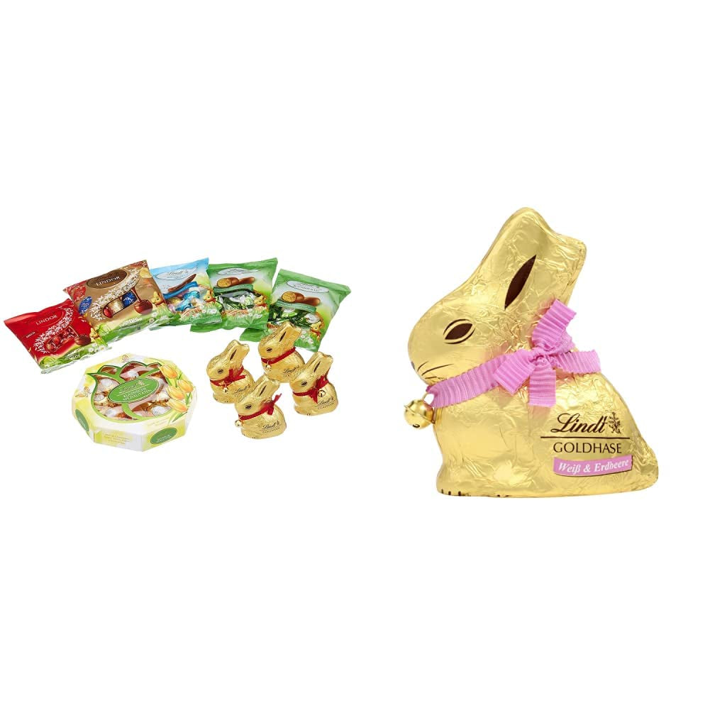 Chokolade påskesæt | 894g | Indhold: Gyldne kaniner og chokolade gyldne kaniner | 100 g gyldne kaniner | Premium hvid chokolade med jordbærstykker i form af en kanin til påske