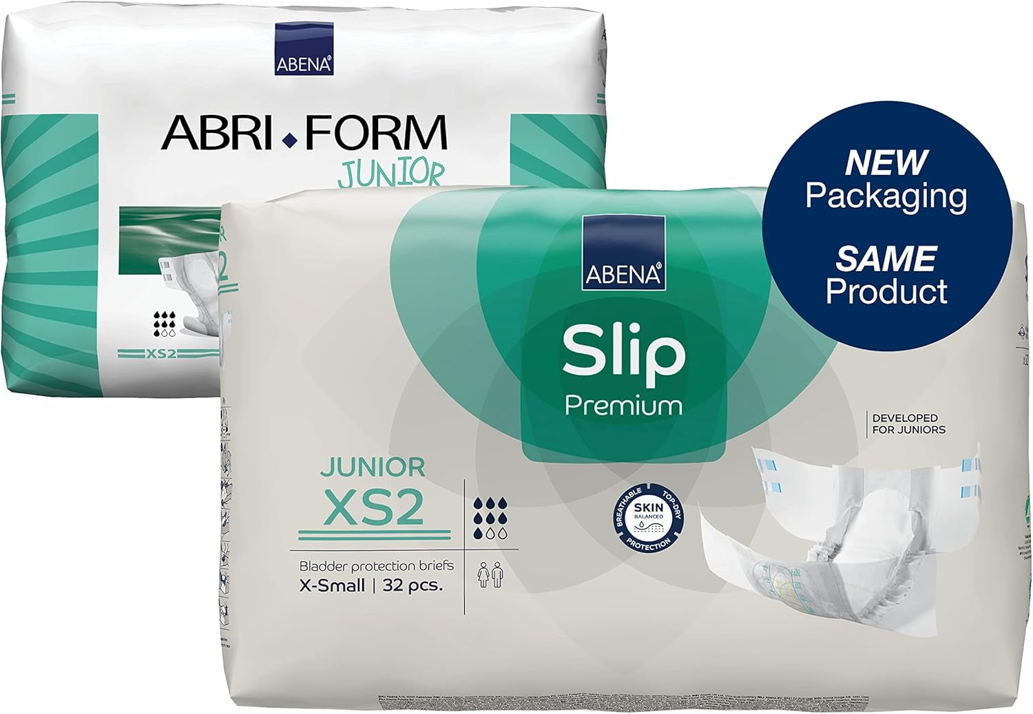 Premium juniorbleer, miljømærket, forbedret lækagebeskyttelse, sikre og behagelige babybleer - størrelse 7/XS2, taljeomkreds 40-60 cm, i alderen 5-15 år, 1 x 32 stk.
