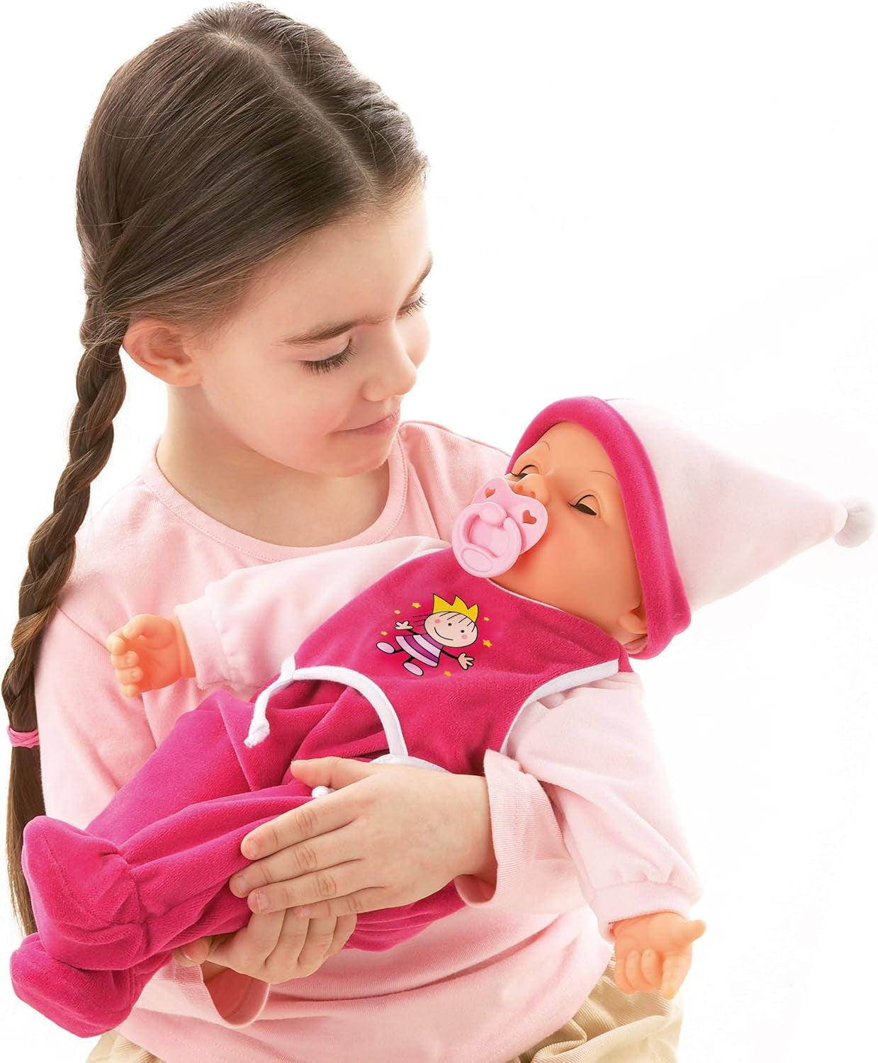 Funktionspuppe Hello Baby mit Geräuschen, bewegt den Mund, interaktiv Puppe, Babypuppe, med Tilbehør, 46cm, pink