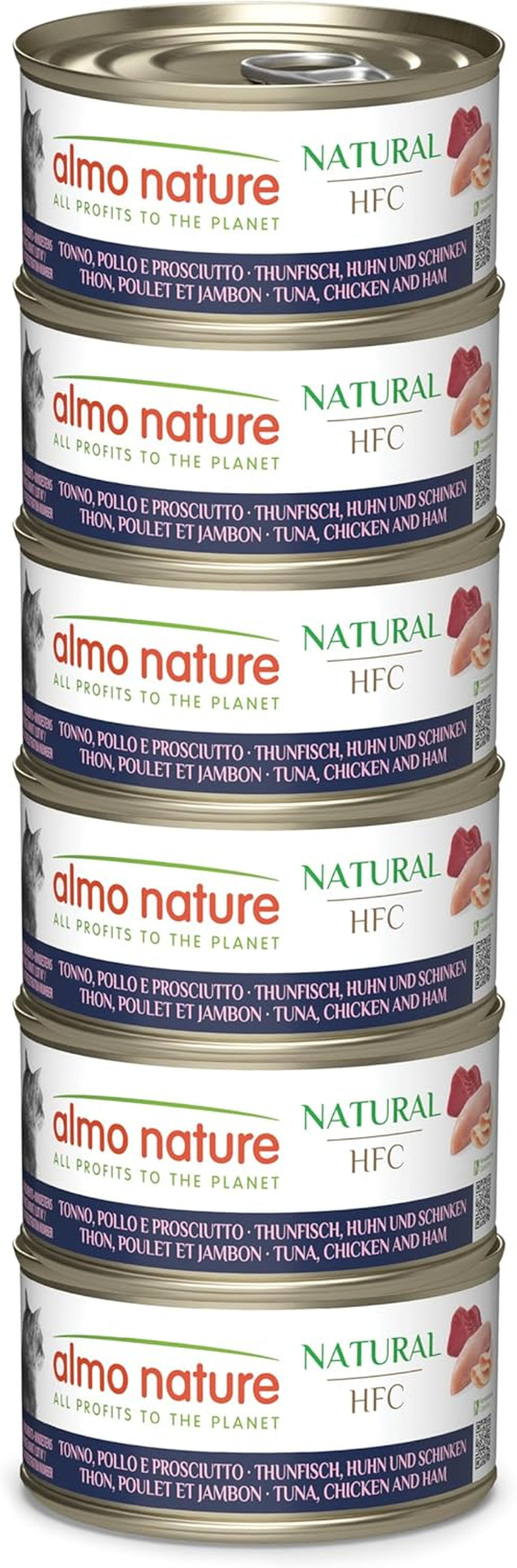 Almo Nature HFC Natural - Vådfoder til voksne katte - Tun, Kylling og Skinke - Menneskelig kvalitet, Glutenfri - 6 x 70g