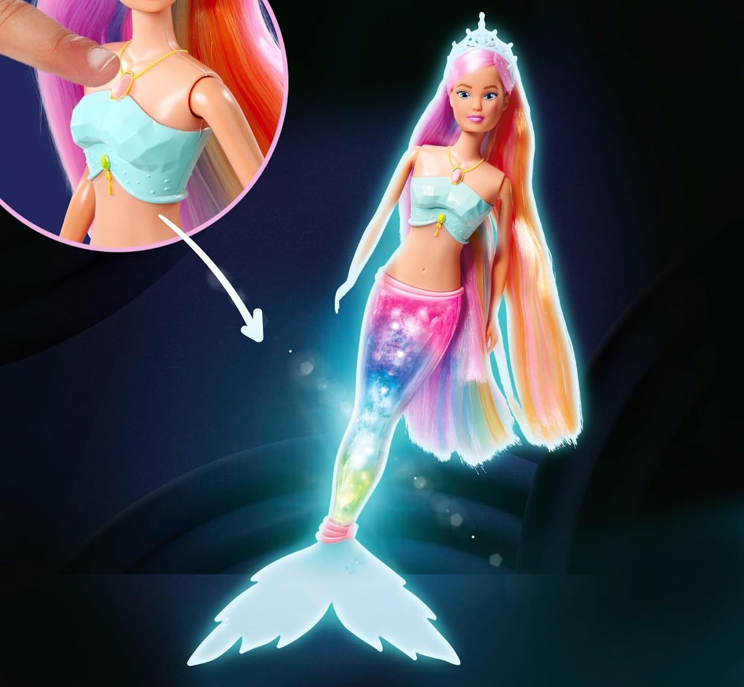 Steffi Love Magic Rainbow Mermaid, Havfruedukke med Magic Rainbow Light-funktion og ekstra langt hår, 39 cm, 3+