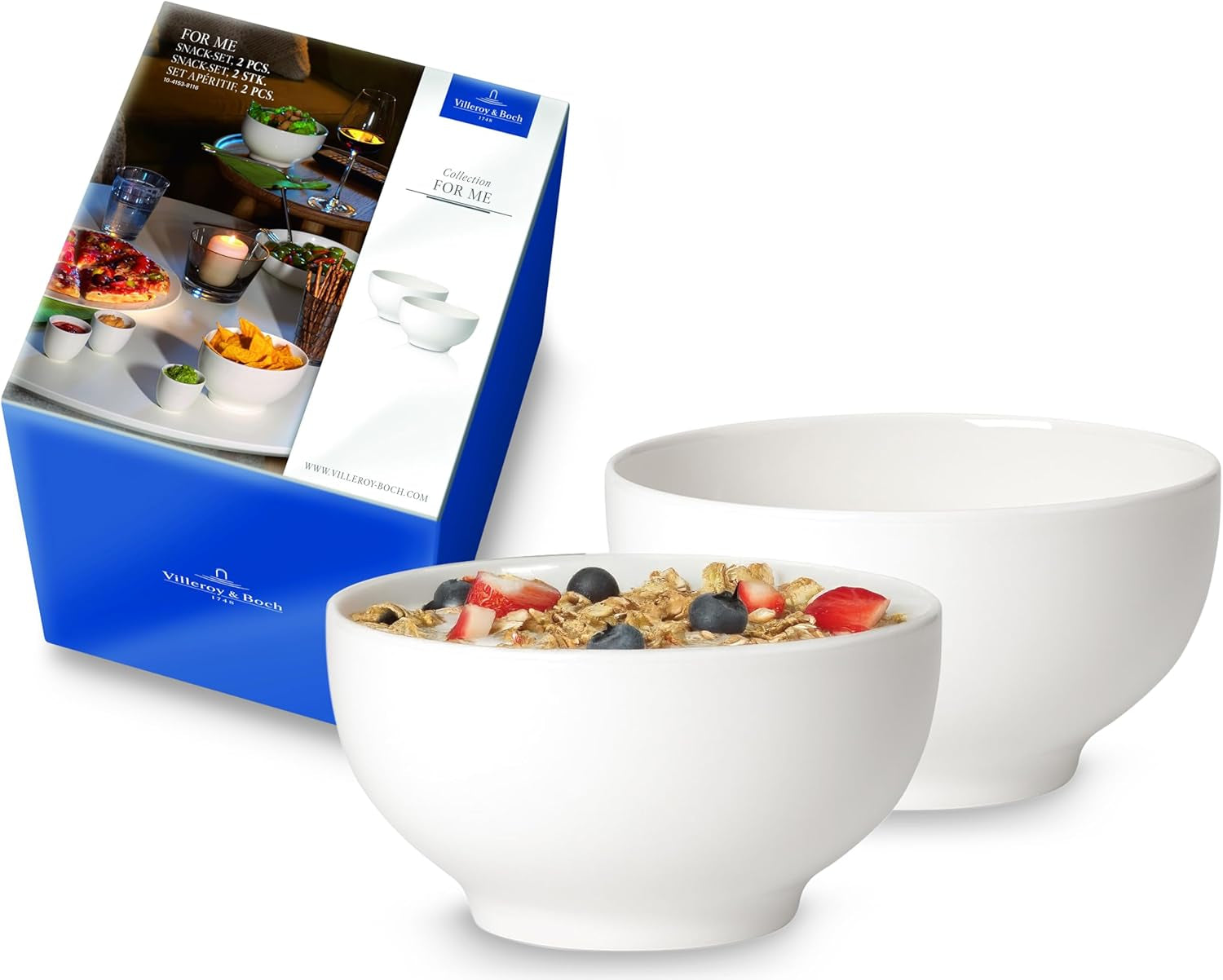 Villeroy & Boch For Me kornskåle sæt med 2, hvid, tåler opvaskemaskine, tåler mikroovn, små skåle til 2, skåle, kornskåle, snacks eller saucer, tallerken, premium porcelæn