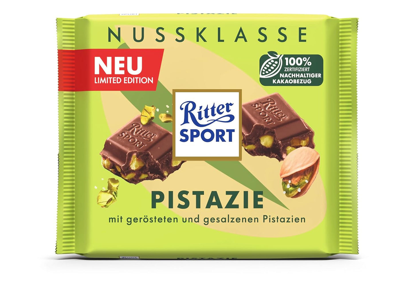 Ritter Sport Pistachio, mælkechokolade med fine pistaciestykker, en chokoladeklassiker, perfekt til at snacke og nyde, en god gaveide, 12 barer x 100g