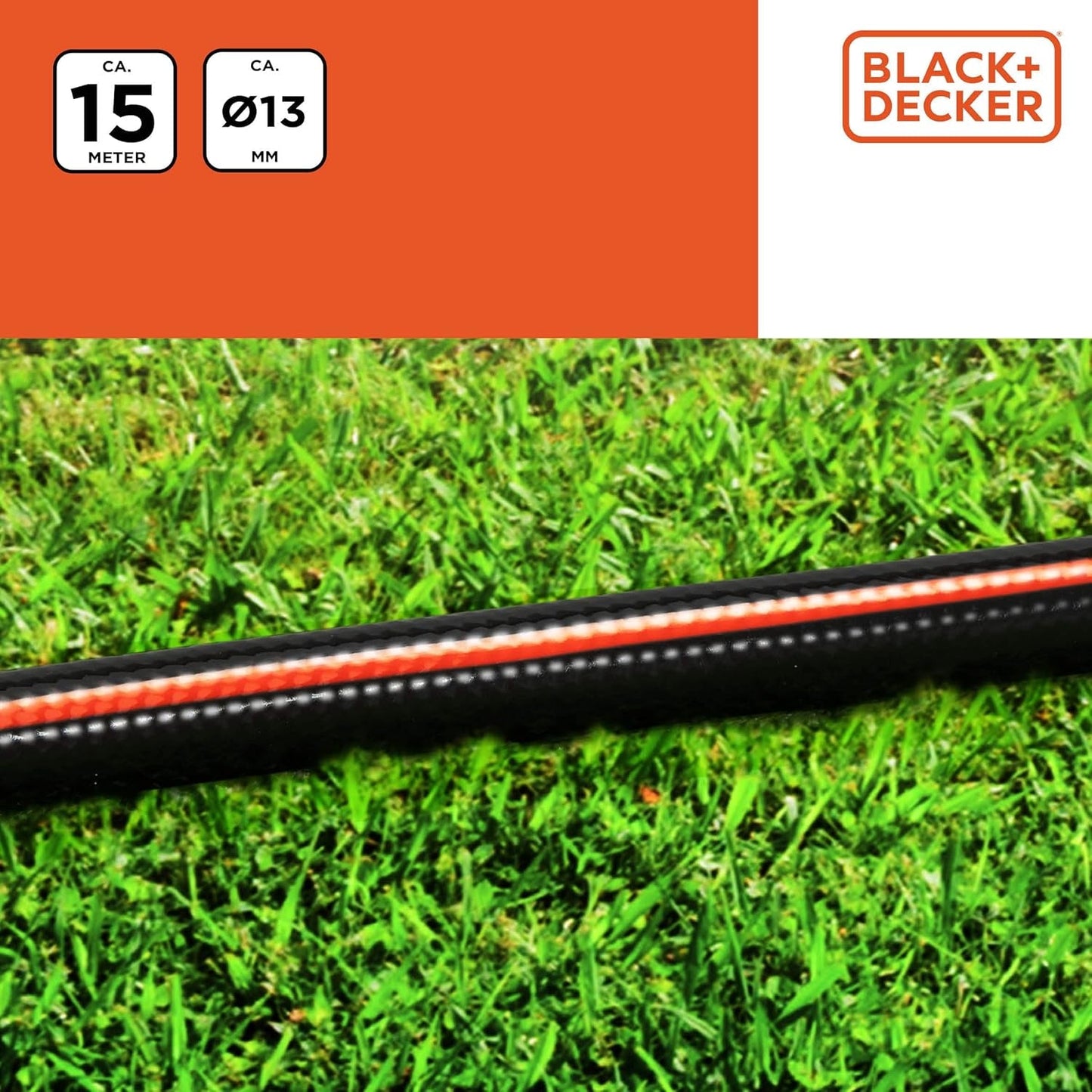 BLACK+DECKER Haveslange 15 meter - Ø13MM - Holdbar PVC - Vanding af haven, vask af bilen, fylde poolen - Kompatibel med enhver standard vandhane - Sort/Orange