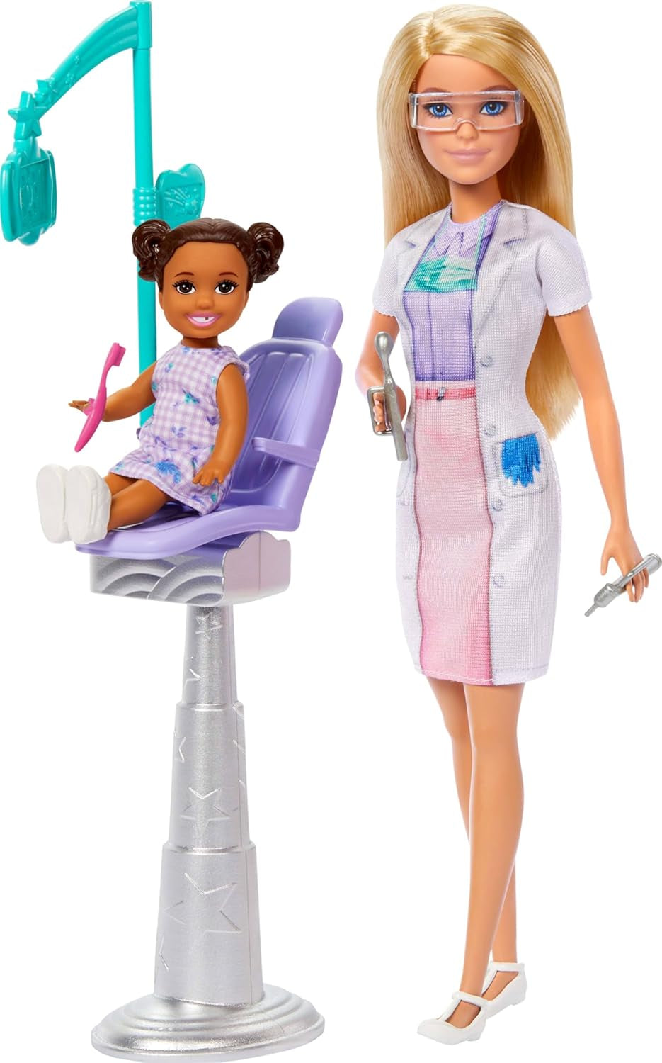 Barbie-tandlægedukke, modedukke med blondt hår, blå kjole og laboratoriefrakke, 1-barnsdukke, eksamenstilbehør og diverse tilbehør, JCR74