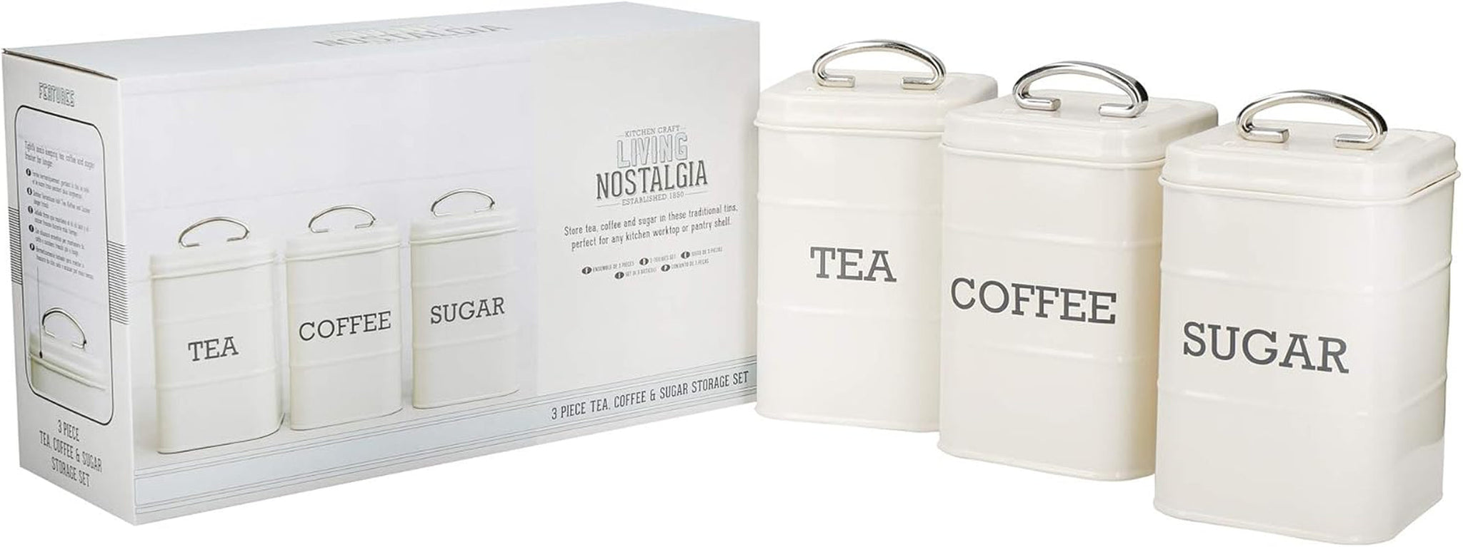 KitchenCraft Living Nostalgia sæt med 3 opbevaringskrukker til te, sukker og kaffe i gaveæske, stål, antik creme, 11 cm x 11 cm x 17 cm, vintage blå madopbevaringsbokse Naty Shop