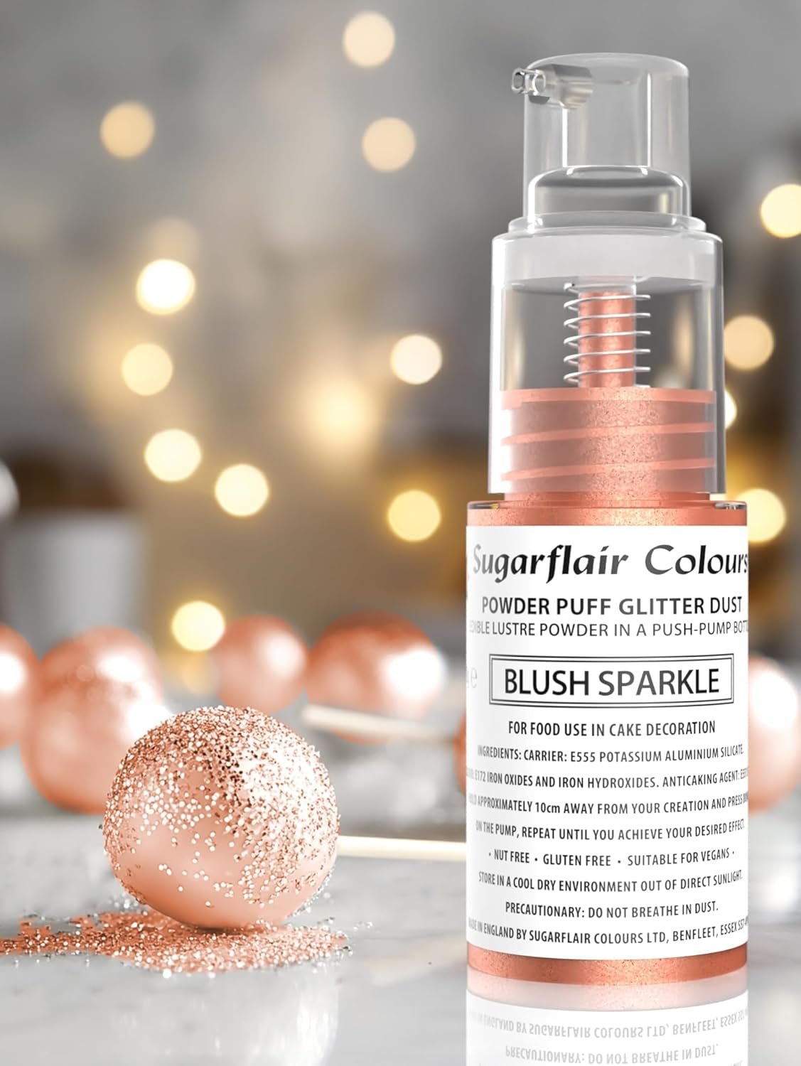 Sugarflair Pump Powder Spray, Glitter, Blush, Glitter - madfarve til kage, non-aerosol spray til kager, muffins og mere - 10g