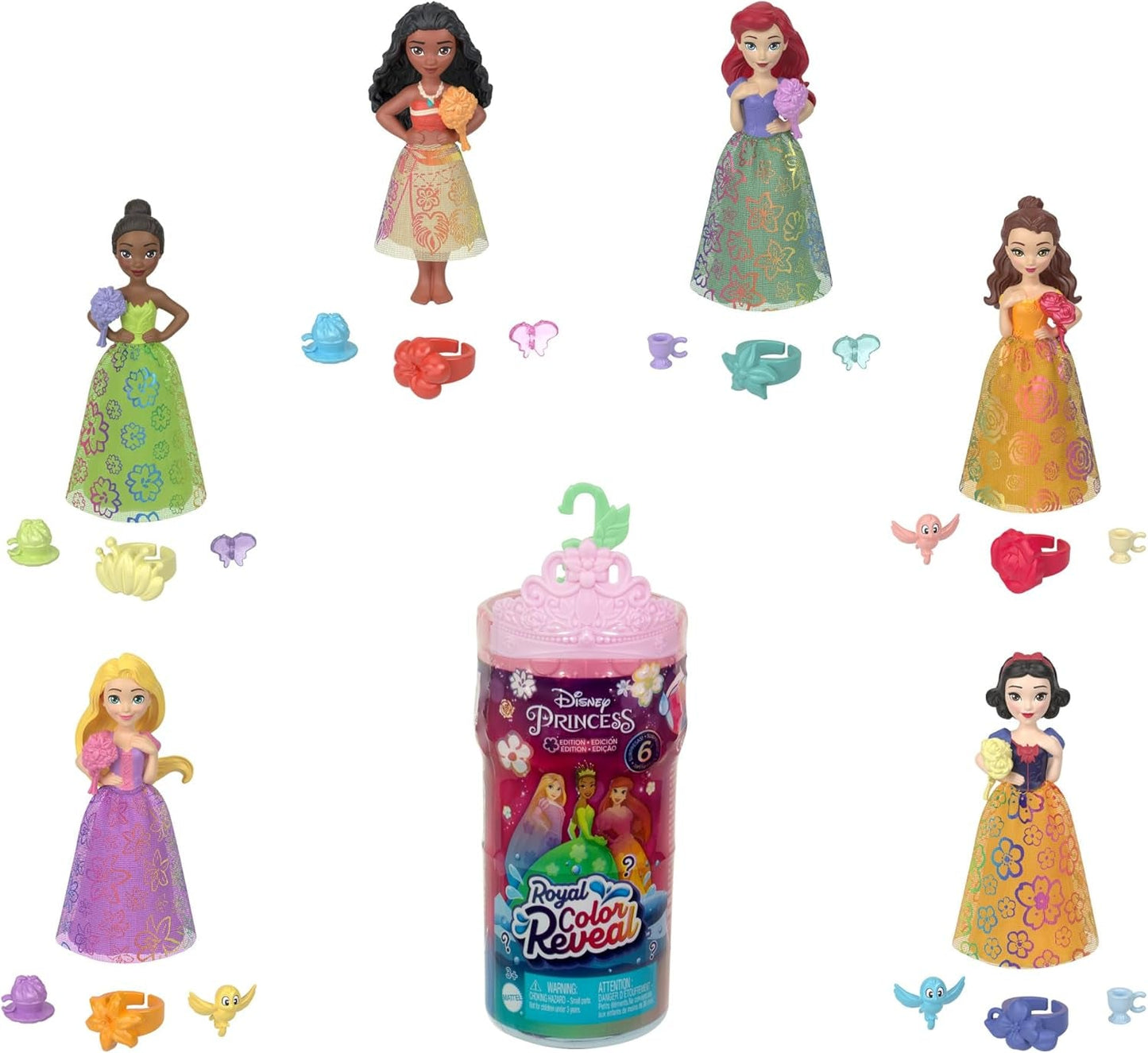Mattel Disney Princess Royal Color Reveal Lille dukke med 6 overraskelser, inklusive duftring og 4 tilbehør (dukker kan variere), Garden Party Series HRN63