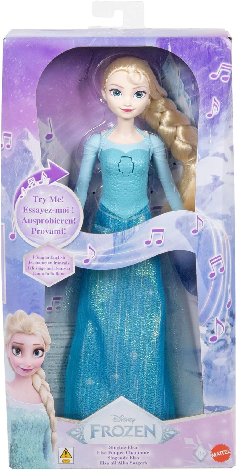 Mattel Toys Disney Frozen Elsa Singing Doll i ikonisk outfit, synger "Let It Go" fra Disney-filmen på engelsk, fransk, tysk, italiensk, JDL58