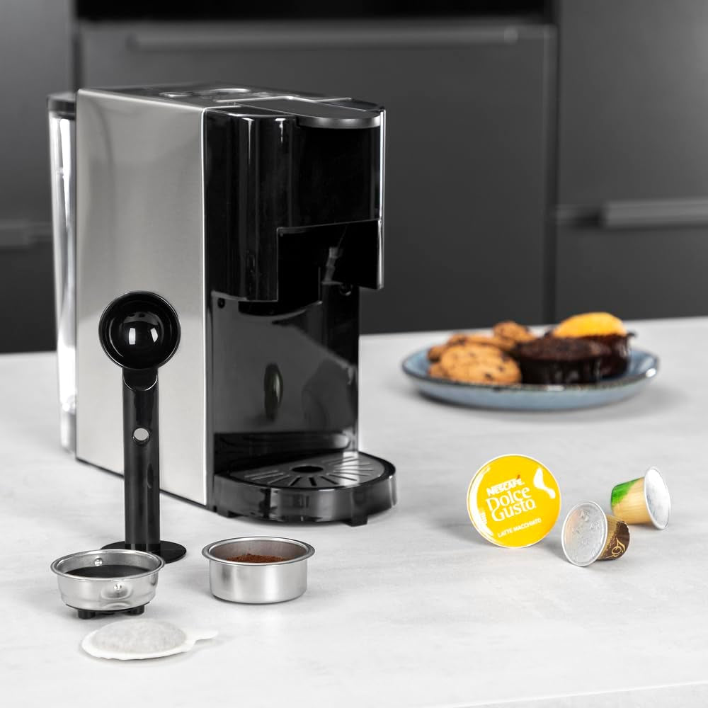 Princess 4 i 1 multikapsel espressomaskine - 1450 watt, kapsler, bælg, malet kaffe, BPA fri, 249450, 01.249450.01.001, sort, sølv