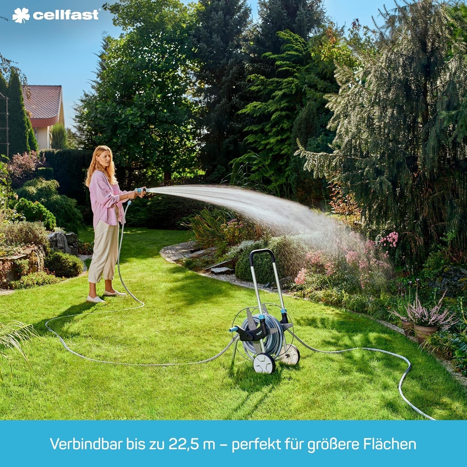 Cellfast SPRING kunstvandingsslange, trekanals kunstvandingsslange med fulde konnektorer, lavet af højkvalitetstråd, UV-bestandig, 15m, 1/2 tomme, 19-022, flerfarvet, 38x38x8cm
