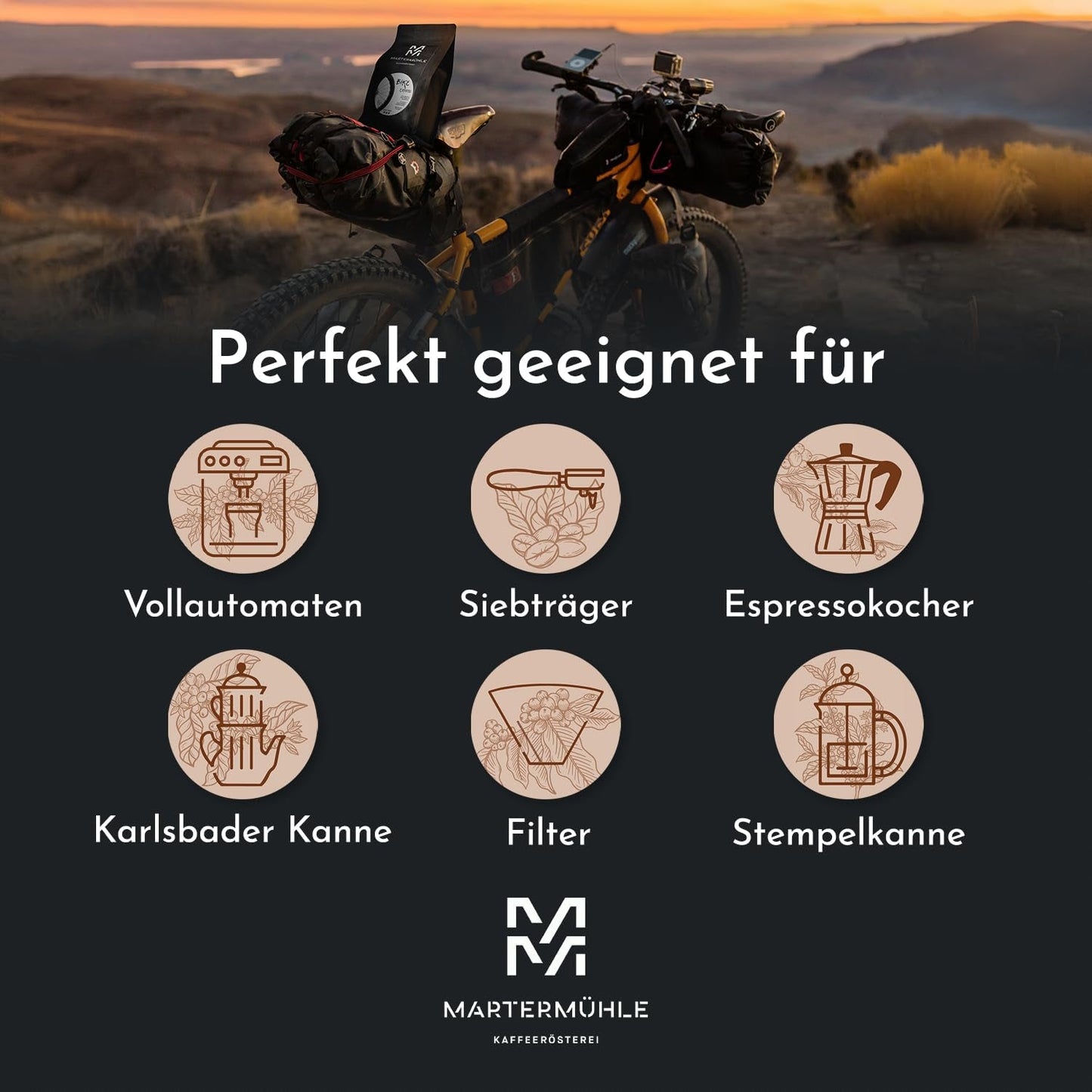 Espressobønner Martermühle Bike 500g Stærk | Arabica/Robusta | Smag: Macadamianødder, mælkechokolade | Let ristede hele espressobønner, lav syre