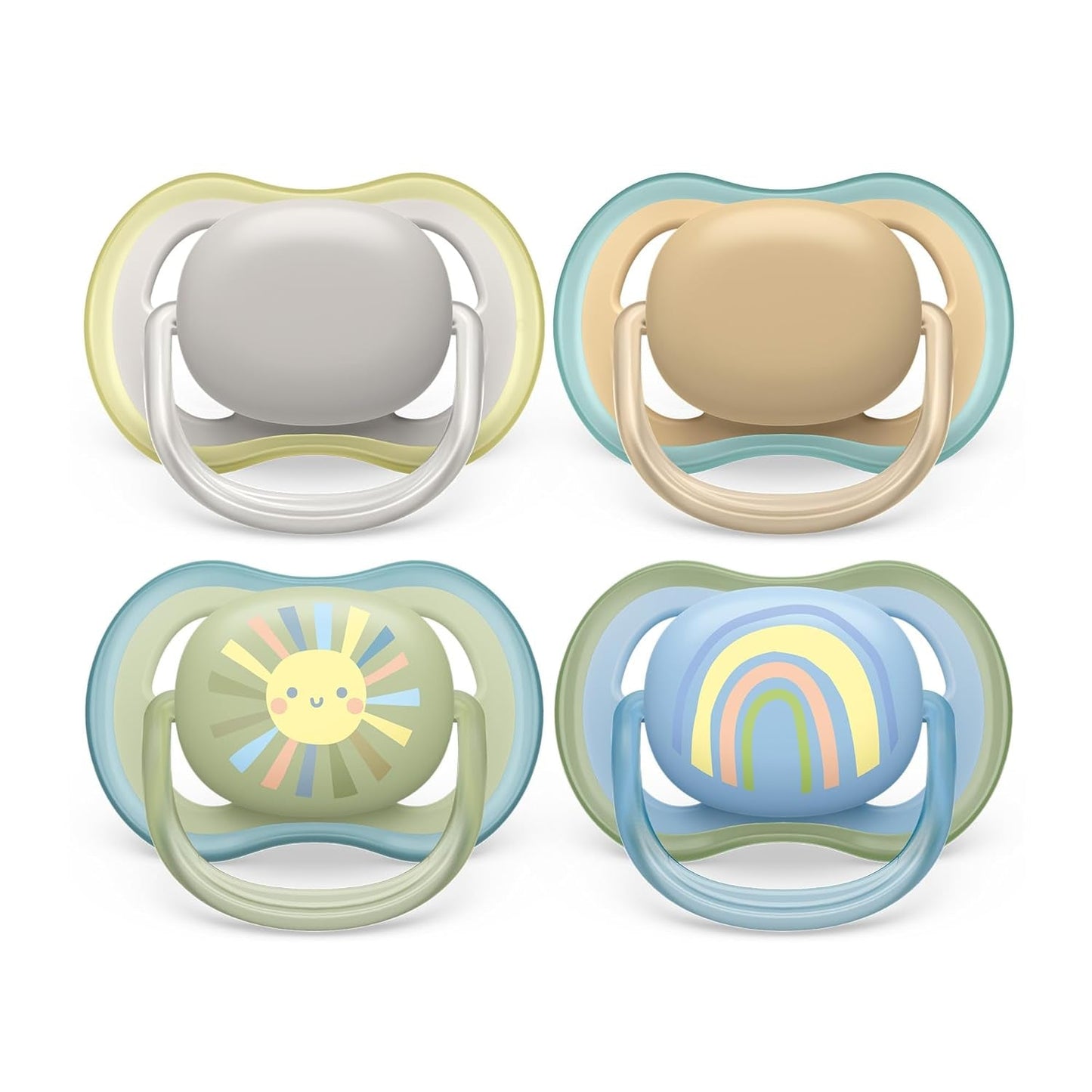 Philips AVENT ultraluftsutter - pakke med 4 BPA-fri, åndbare sutter til babyer mellem 0 og 6 måneder, inklusive bæretaske og sterilisering, farve sol/regnbue (model SCF085/65)
