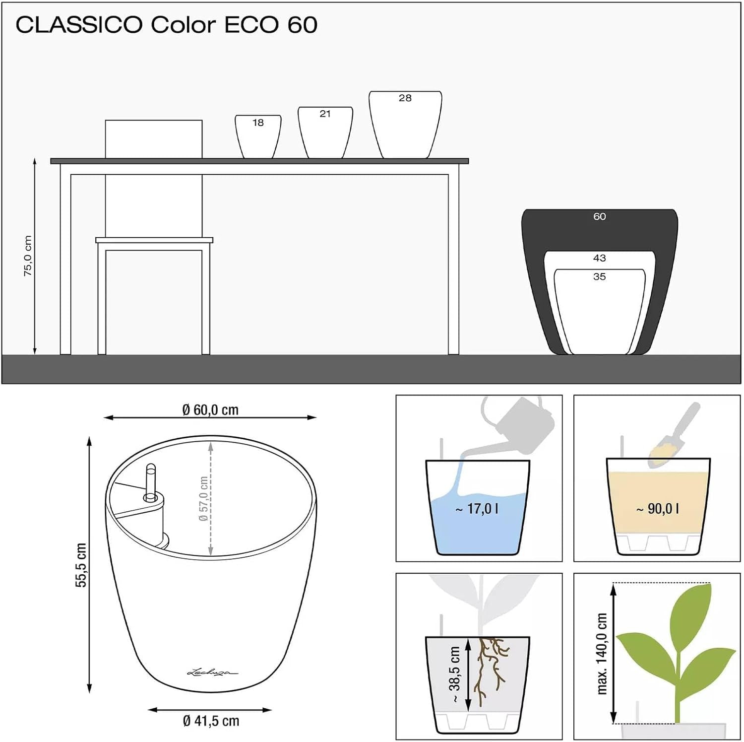 Plantekasse LECHUZA Classico Color ECO 60 Mørkegrå | Plantekasse med vandingssystem og vandstandsindikator | Fremstillet af 100 % genbrugsplast | Mat finish | Ø 60 x 55,5 cm | 18955