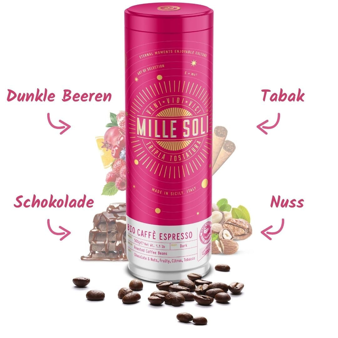 Økologiske espressobønner 500 g i en forseglet kaffeboks - topkvalitet og genanvendelige - premium kaffebønner ristet på Sicilien