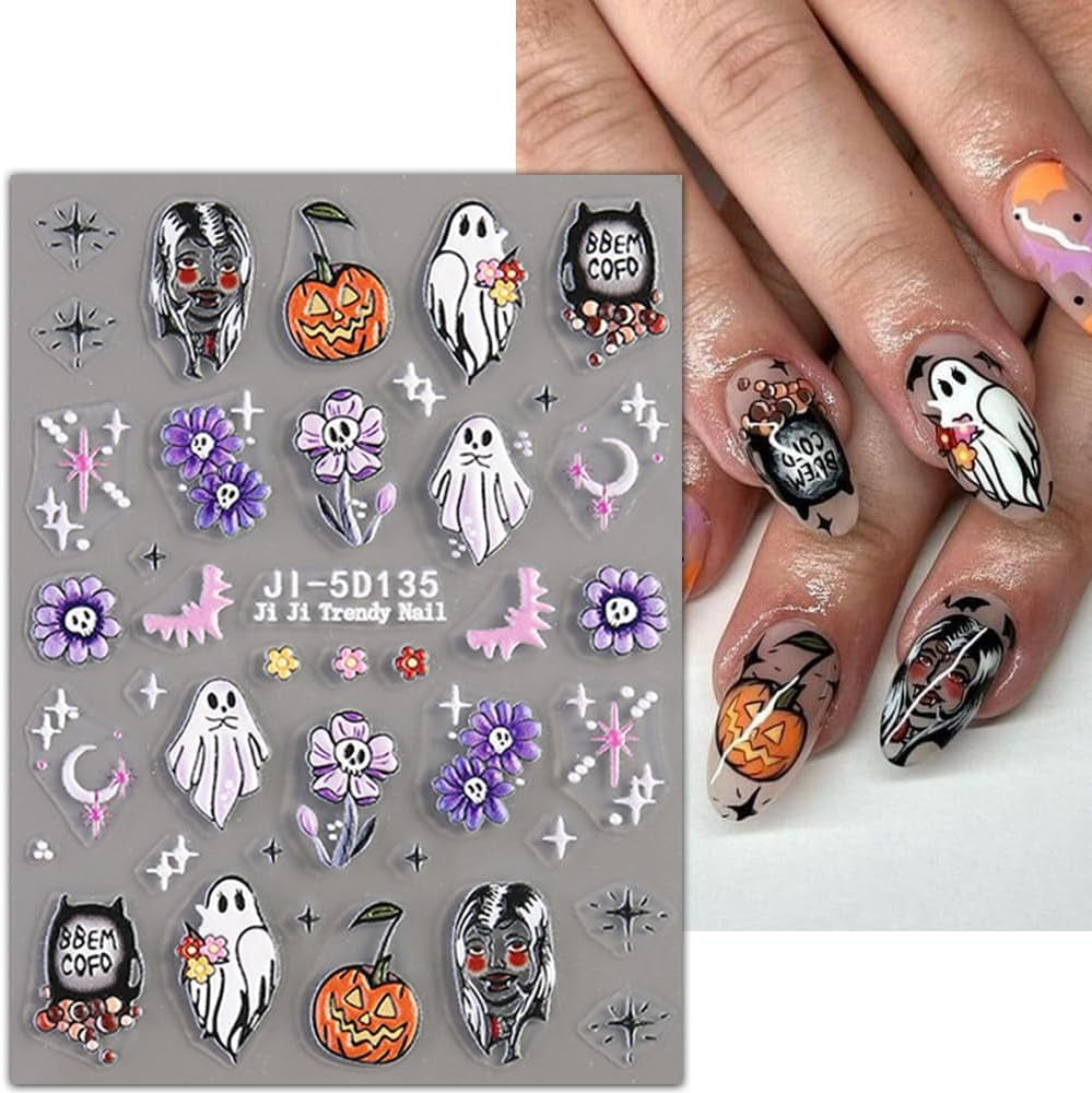 JMEOWIO 3D Nagelsticker Halloween Nail Art Sticker Selbstklebend Nagelaufkleber 5D Stereoskopisk Süßer Geisterkürbis Dekoration Nageldesign Zubehör 4 Blatt