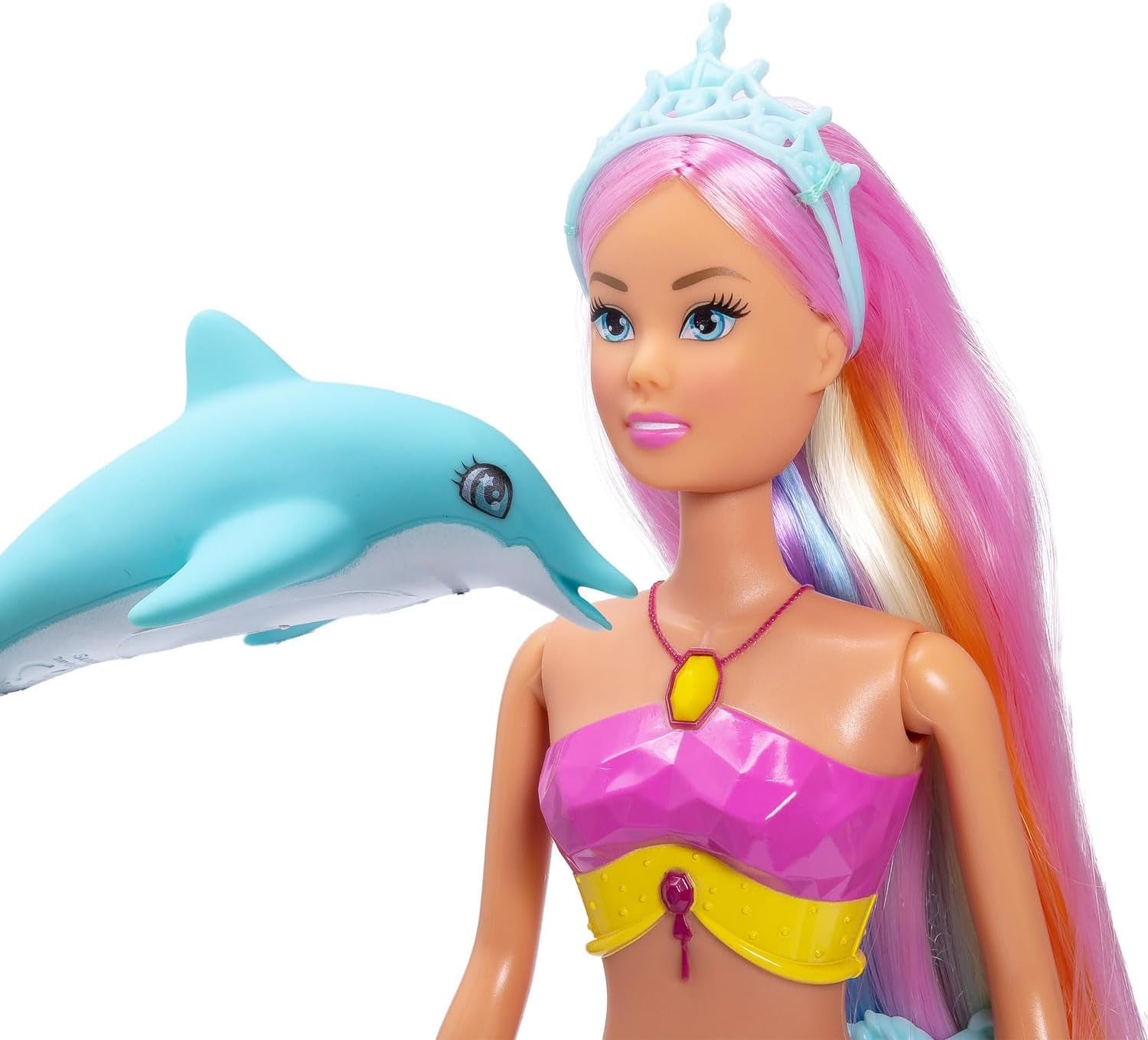 Simba Steffi Love Mermaizing Mermaid Doll med regnbuelysfunktion, ekstra langt hår, delfinfigur og hårspænder, 39 cm højde, prøv-mig-funktion, 3+ år