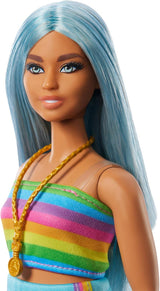 Barbie Fashionista dukke nr. 218 med langt blåt hår, regnbuetop og turkis nederdel, 65-års fødselsdag samlerobjekt dukke, HRH16 Naty Shop Dolls