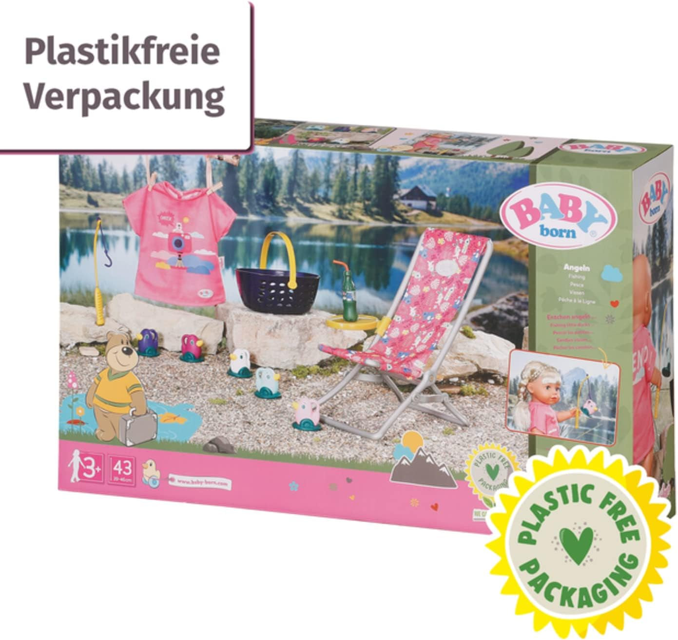 BABY born 832790 Weekend Fishing - Fiskedukke-tilbehørssæt med solseng med levende print, sidebord, glas, kurv, ællinger og fiskestang og pink lang skjorte, Pink