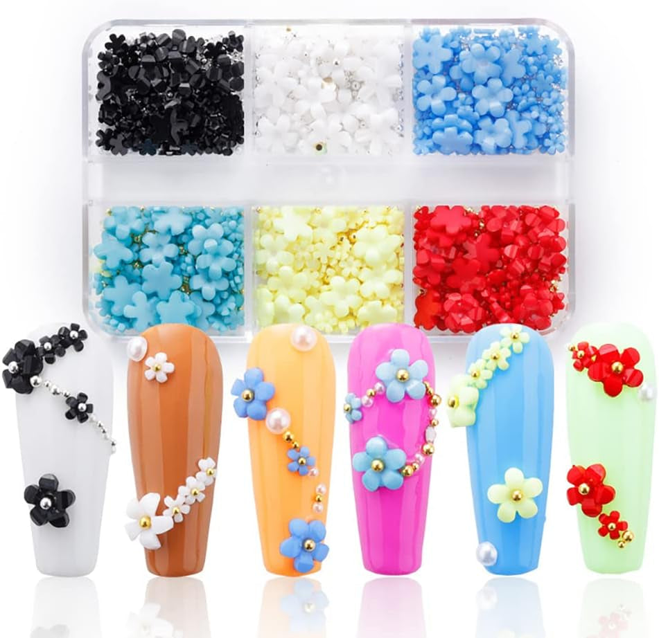 3D blomsternegle, 6 gitter, blomsterneglebetræk, akrylnegle-rhinestones, negletilbehør, DIY-forårsnegledekorationer