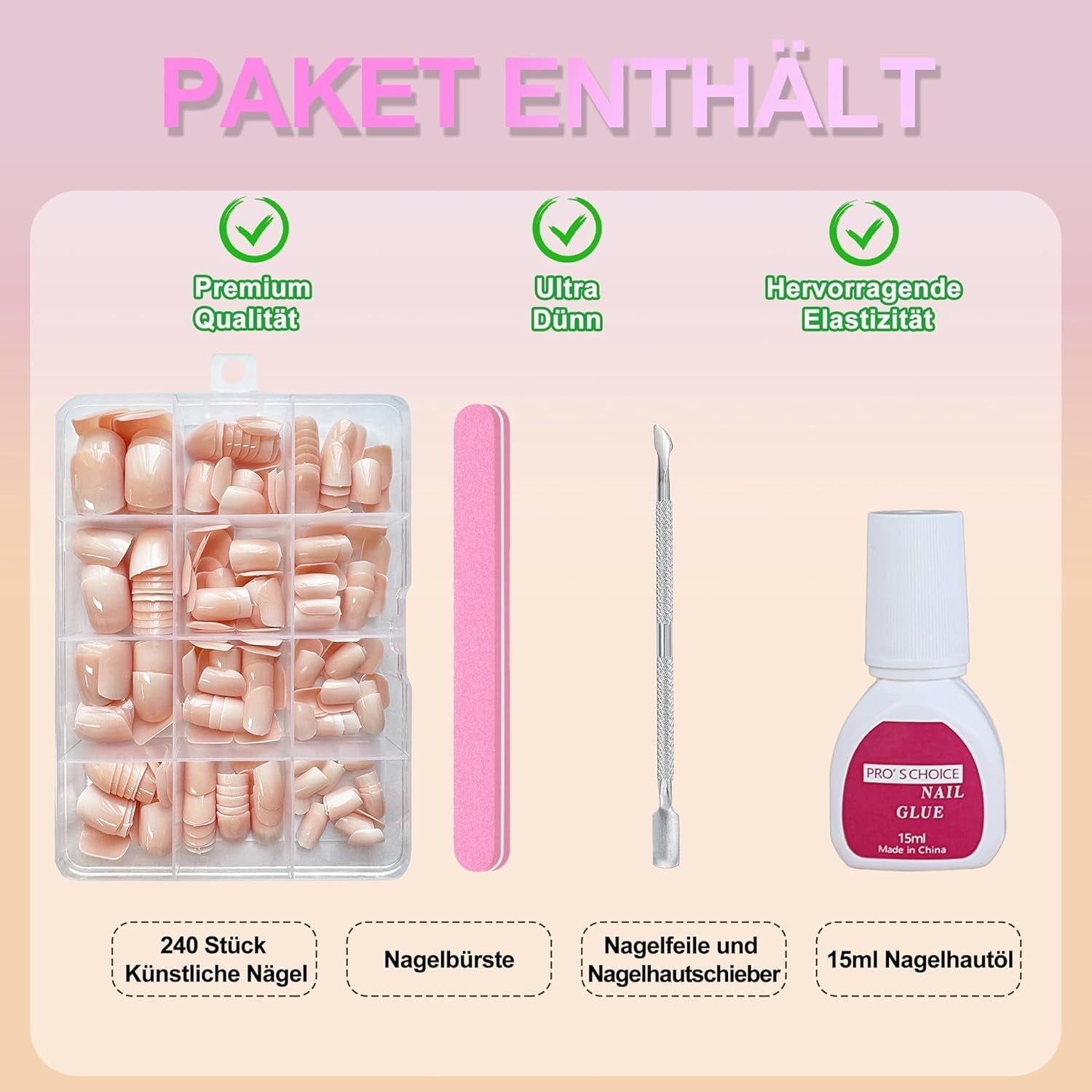 Falske neglesæt - 240 stk. Korte firkantede negle Blød Gel Model Nøgen Hvid Gradient Falsk Naturlig lim på falske negle til kvinder gør det selv (Nøgen gradient, 240X)