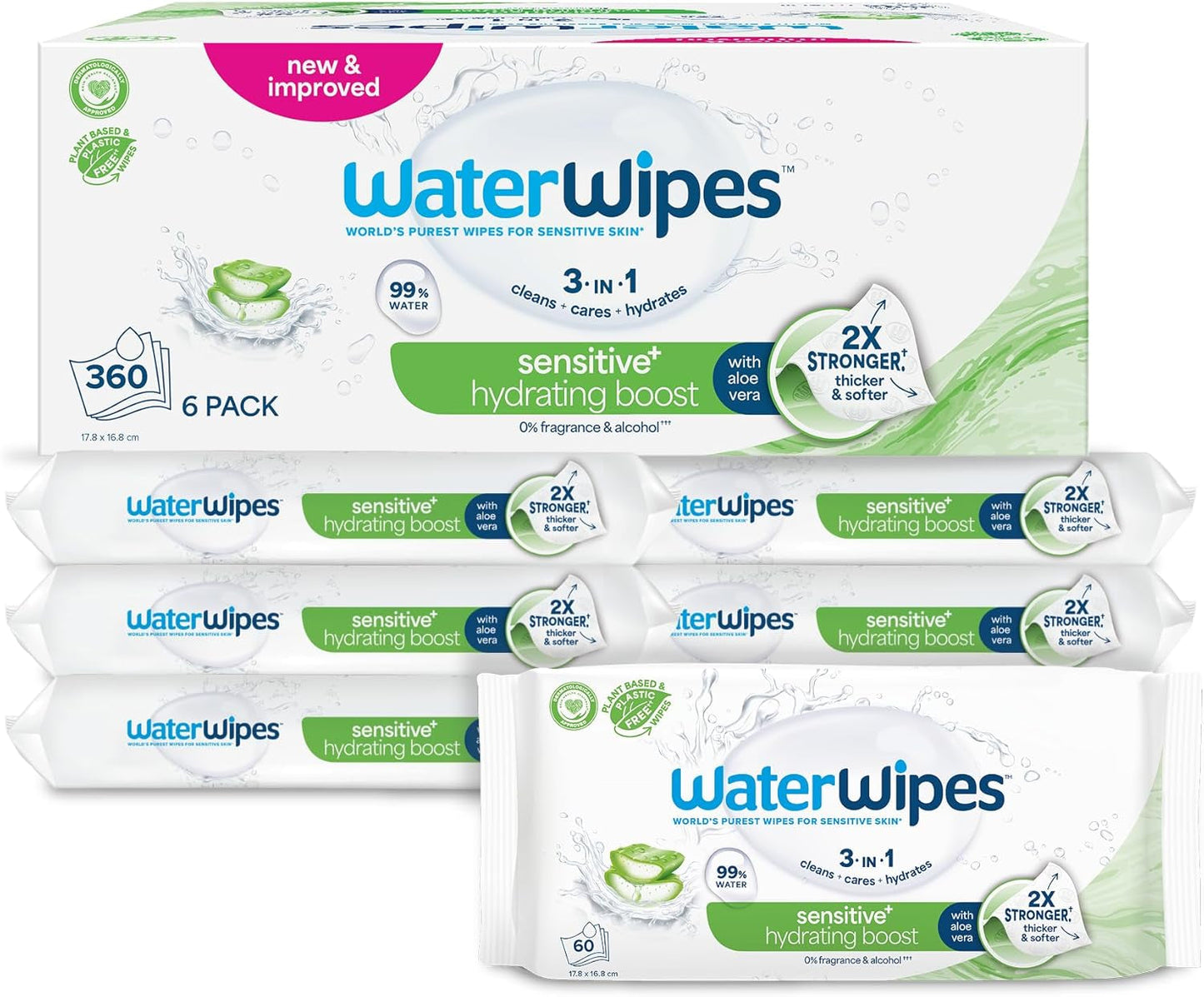 WaterWipes Sensitive+ Hydrating Boost Vådservietter, Hydrating Wipes, 720 Count (12 Pack), 3 i 1 Clean, Care, Hydrate, 99% Aloe Vera Water, Uparfumerede Baby Wipes