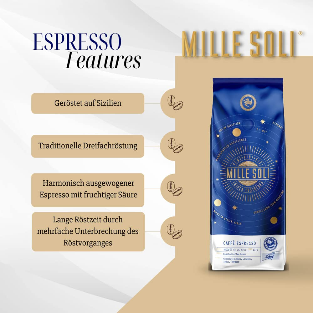 Caffè Espresso - Espressobohnen 1 kg - Traditionel Dreifachröstung In Handarbeit - Premium Kaffeebohnen mit perfekter Crema og besons säurearm for Fuldautomat og Siebträger