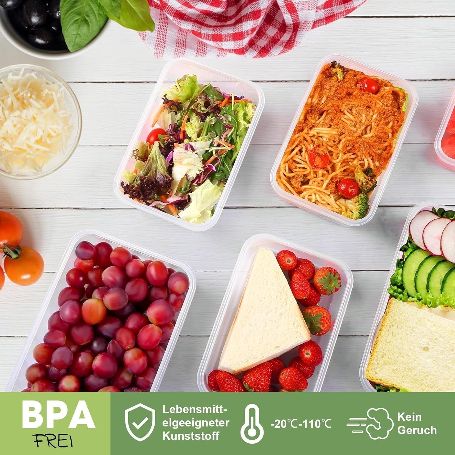 YASHE madopbevaringskrukke med låg, 12-stykke plastikopbevaringskrukkesæt, BPA-fri, 100 % lækagetæt, stabelbar, klare madopbevaringskasser Naty Shop