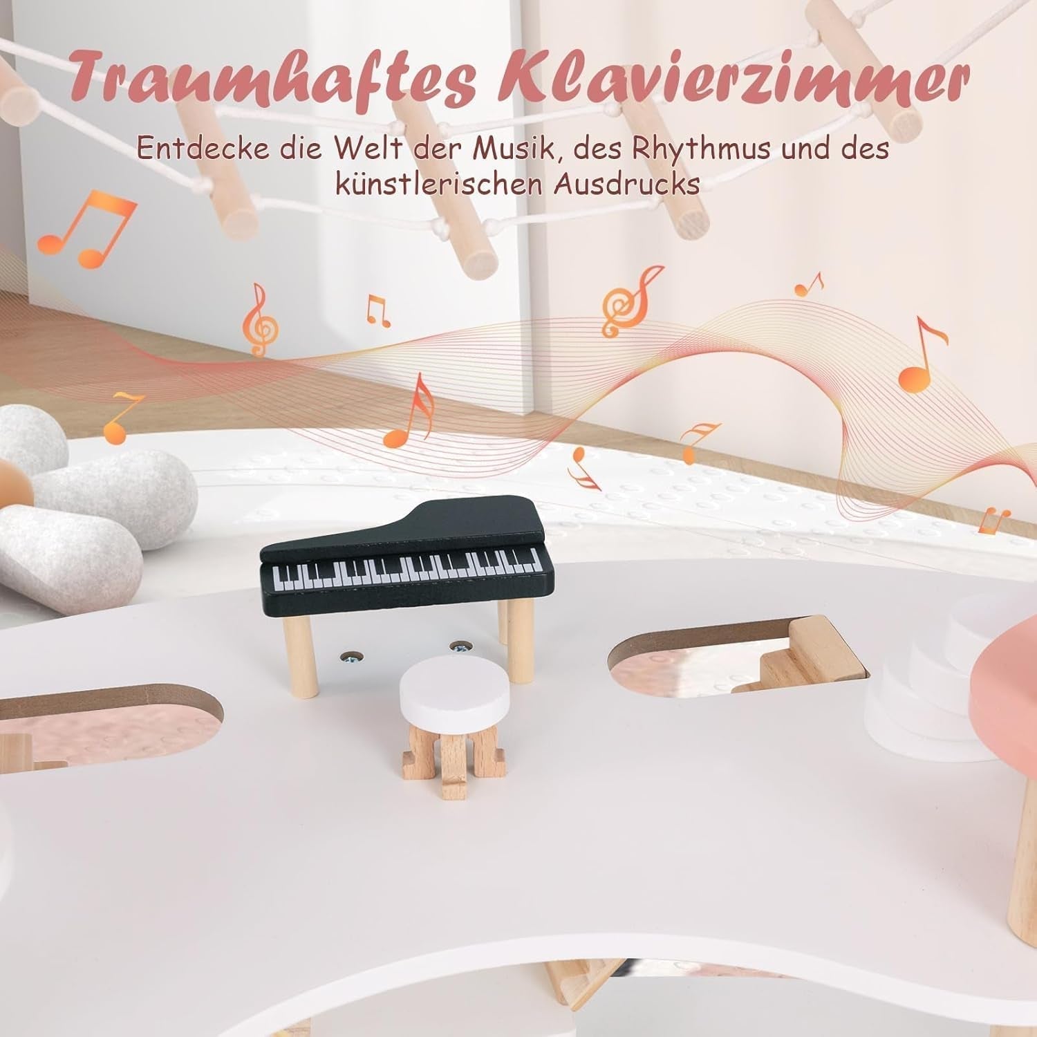 FANTASK trædukkehus, 85 cm højde 7 værelses dukkehus med 32 møbler og tilbehør, dukkehus med rebstige, dukkehusgave til 3-årige piger (model 3) Naty Shop dukkehuse