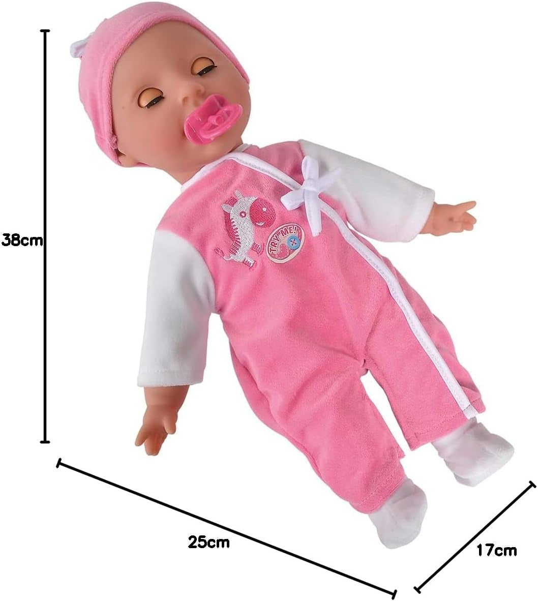 Simba 105140489 - Laura Baby Talk Doll, 38 cm blød kropsdukke med søvnige øjne i sød jumpsuit, 24 babylyde, Legedukke, Babydukke, 2+