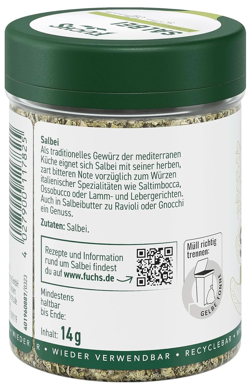 Fuchs, salvie, sur note, delikat bitter til ravioli eller gnocchi, 14 gram krydderier Naty Shop