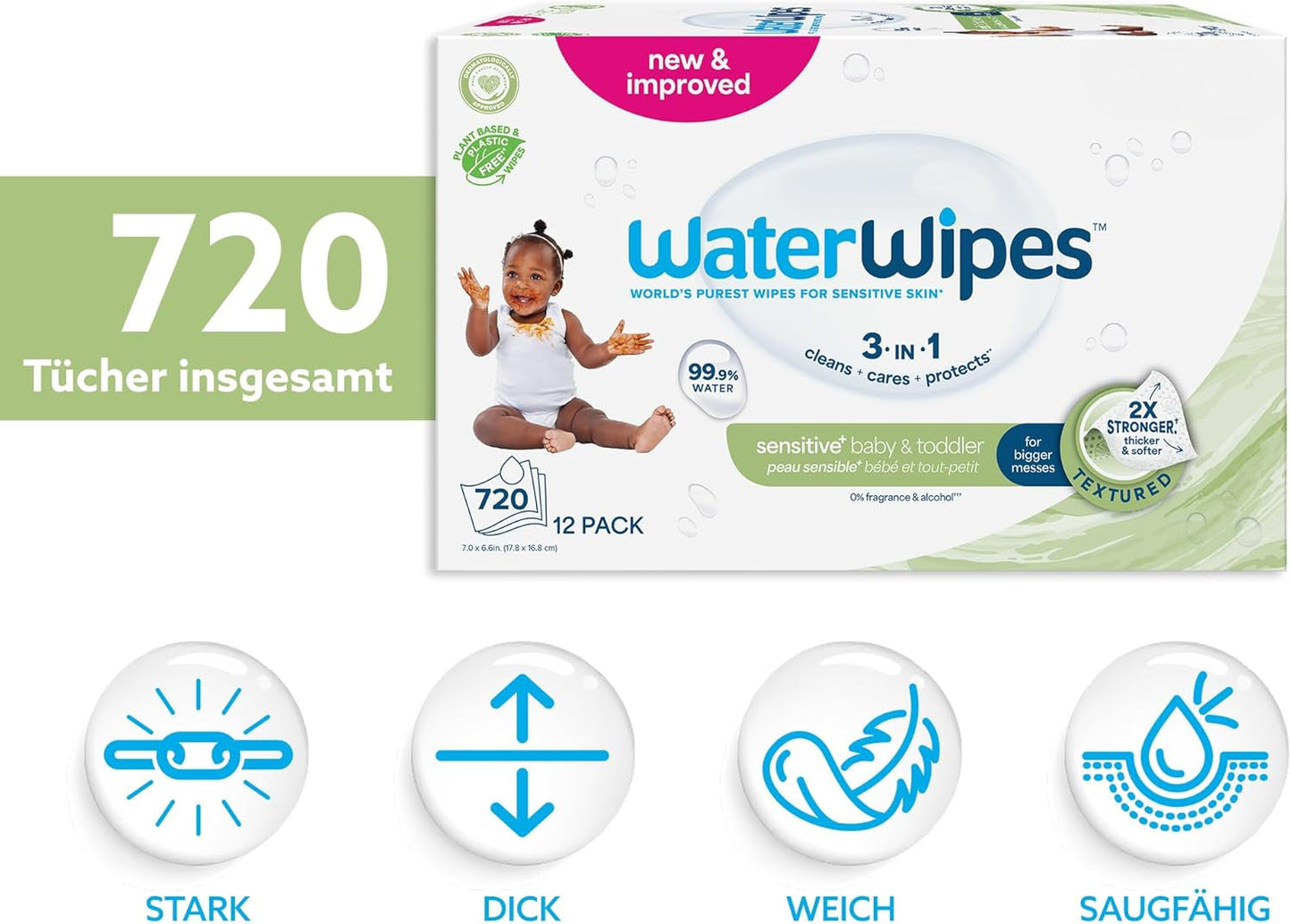 WaterWipes Sensitive+ vådservietter til baby og småbørn, 720 Count (12 Pack), 3-i-1 rengøring, pleje, beskyttelse, 99,9 % vand, tekstureret rensning, parfumefri