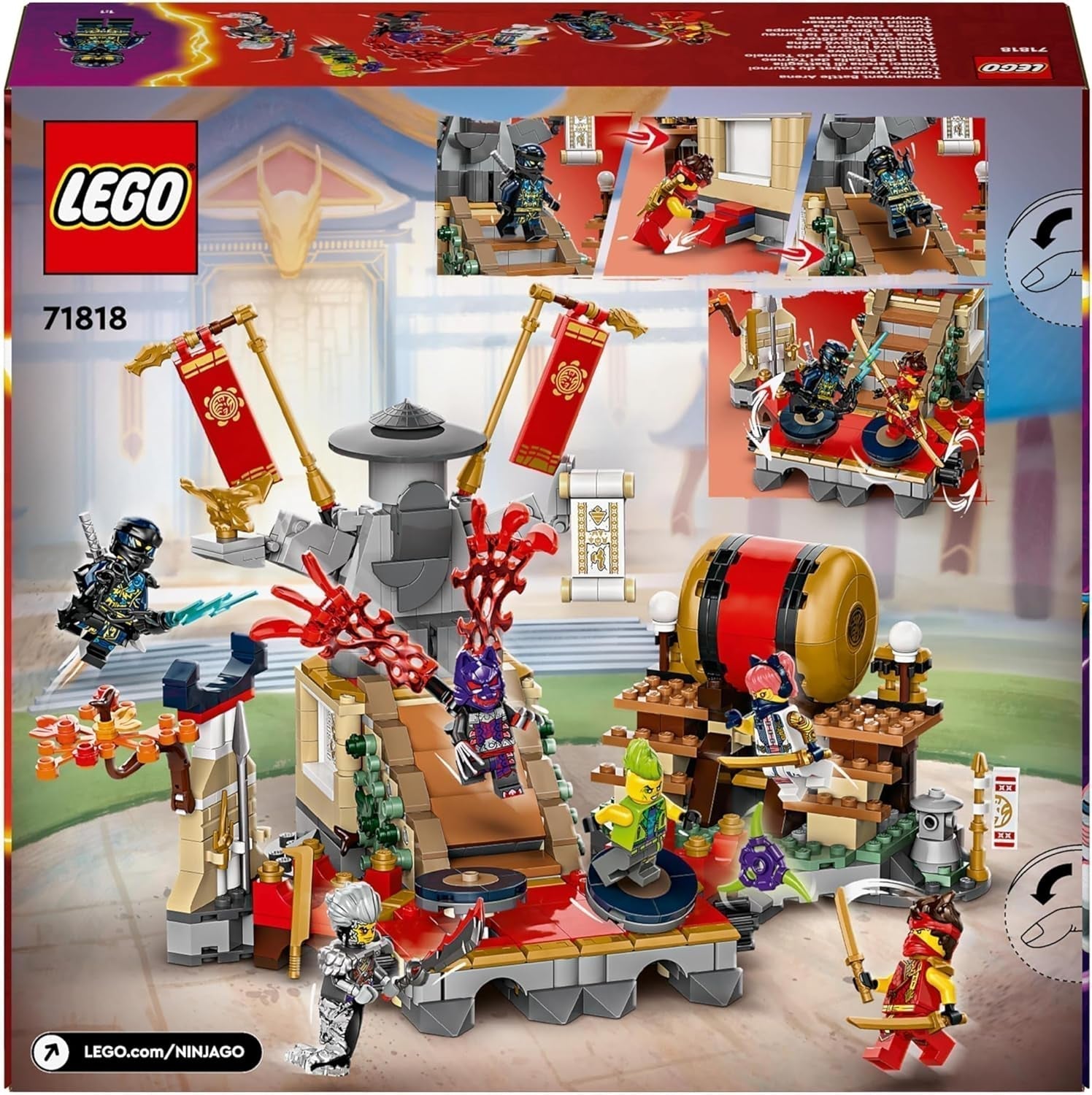 LEGO NINJAGO Tournament Arena Eventyrlegetøj til børn Ninja-legesæt med 6 minifigurer Samling Byggesæt Fødselsdagsgave til 7-årige drenge og piger 71818 Byggesæt Besuche den LEGO-Store