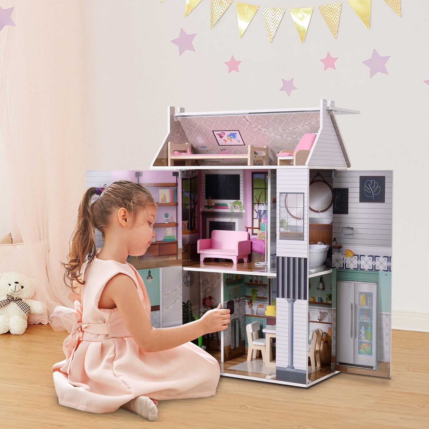 Olivia's Little World Dreamland 3-tiers interaktivt dukkehus i træ med 13 dukkemøbeltilbehør Hvid TD-13632A