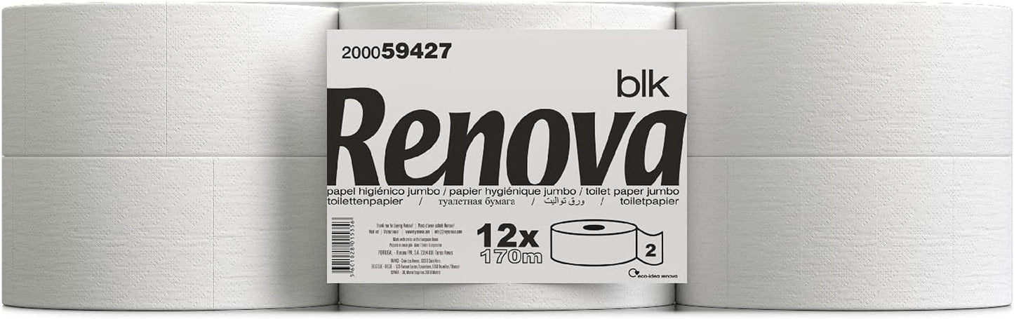 Toiletpapir Renova Jumbo BLK, 12 ruller ved 170 M, hvidt papir, 2 lag