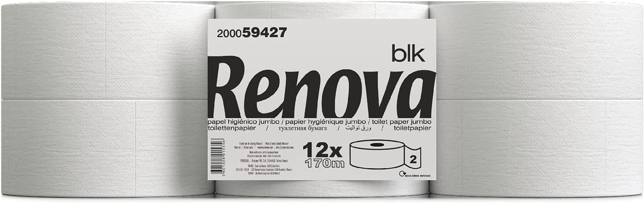 Toiletpapir Renova Jumbo BLK, 12 ruller ved 170 M, hvidt papir, 2 lag