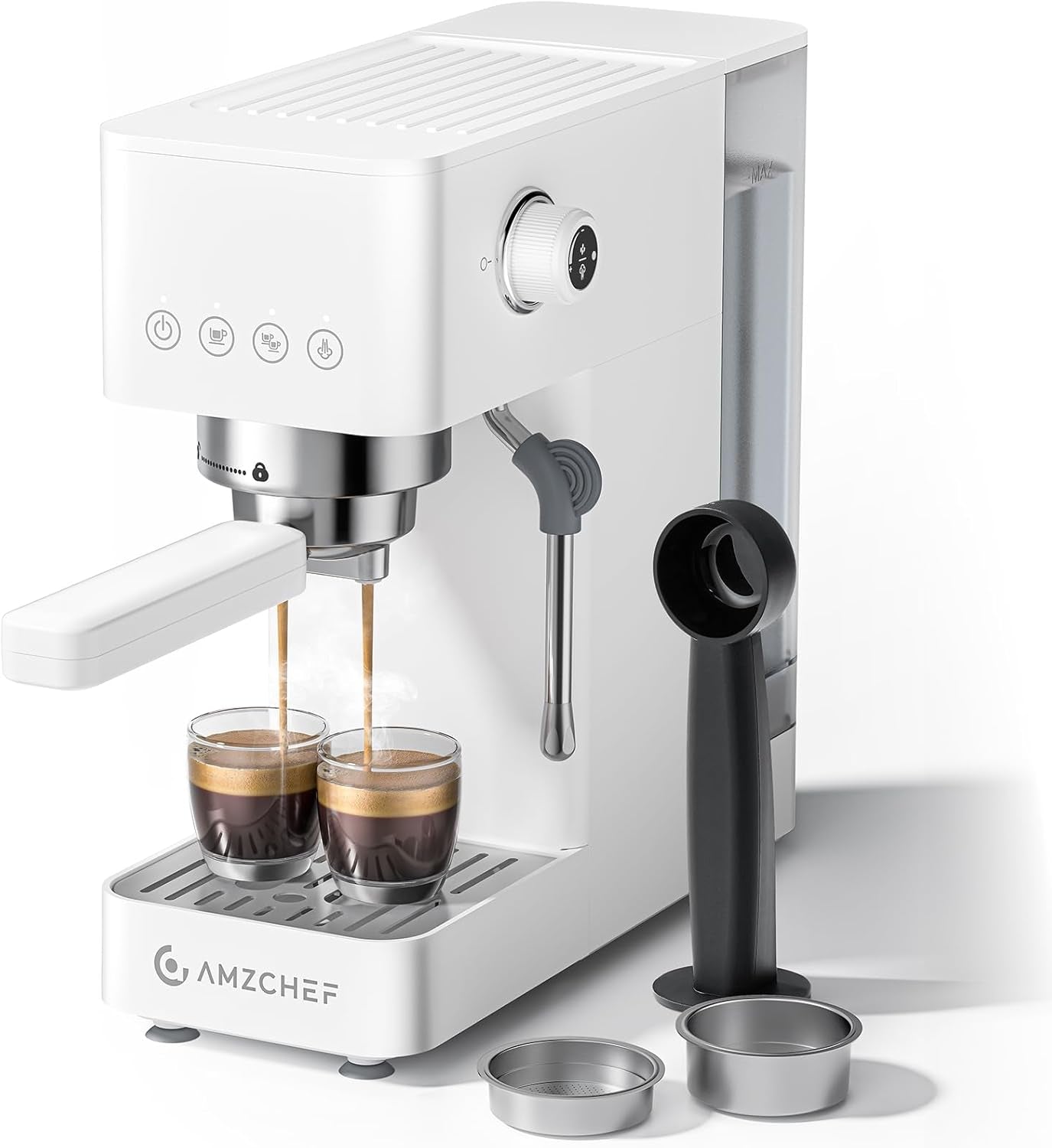 AMZCHEF 20 bar espressomaskine, LED-skærm, professionel mælkeskummer og damplanse i rustfrit stål, 1,5 l aftagelig tank, 1350 W hurtig opvarmning, hvid