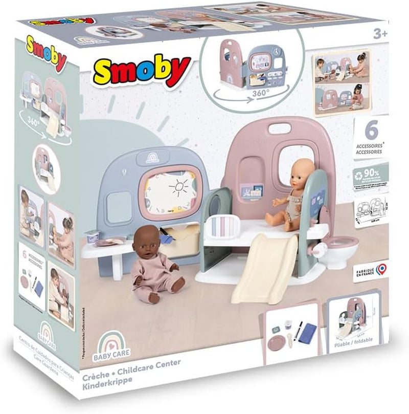 Smoby - Babypleje Dukke børnehave - Dukke legecenter Børnehave + Børnehave Dagligdagen - Sammenfoldelig legeplads med 360° rotation - 6 tilbehør - Lavet af 90% genbrugsmateriale i Frankrig, fra 3 år
