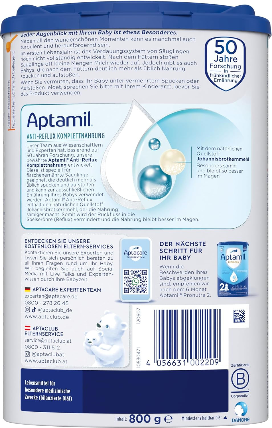 Aptamil Anti-Reflux - Komplet formel fra fødslen Diætstyring Opkastning og opstød Babymad Mælkepulver 1 x 800 g