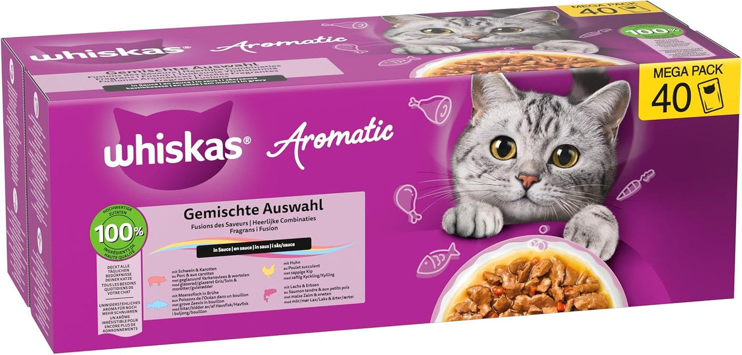 WHISKAS Våd aromatisk kattefoder i sauce 40 x 85g Udvalg af fisk