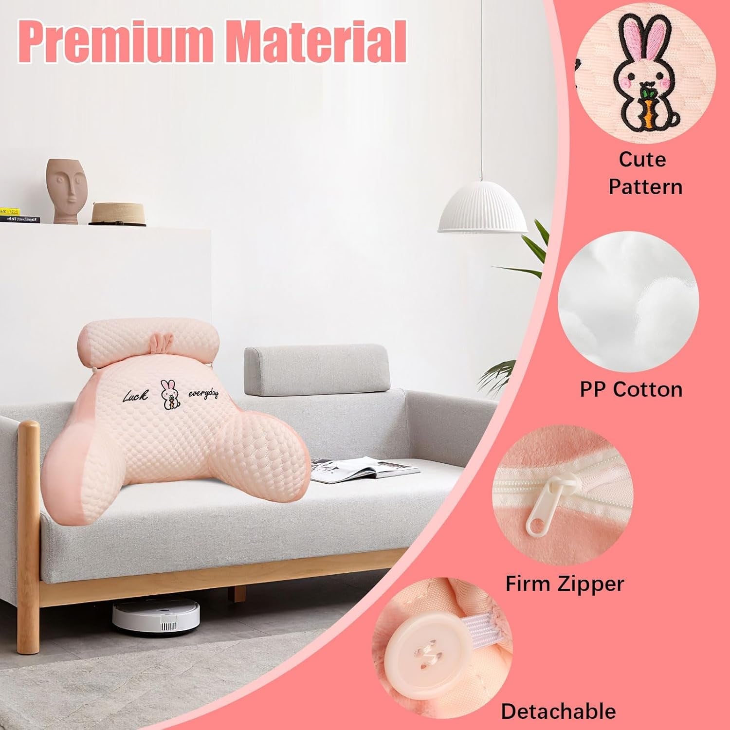 Læsepude, Sengepude, Voksen Ekstra stor Rygpude 70x50cm til læsning med aftagelig nakkerulle og støttearm, Komfortabel læsepude til seng og sofa (Pink, Extra Large)