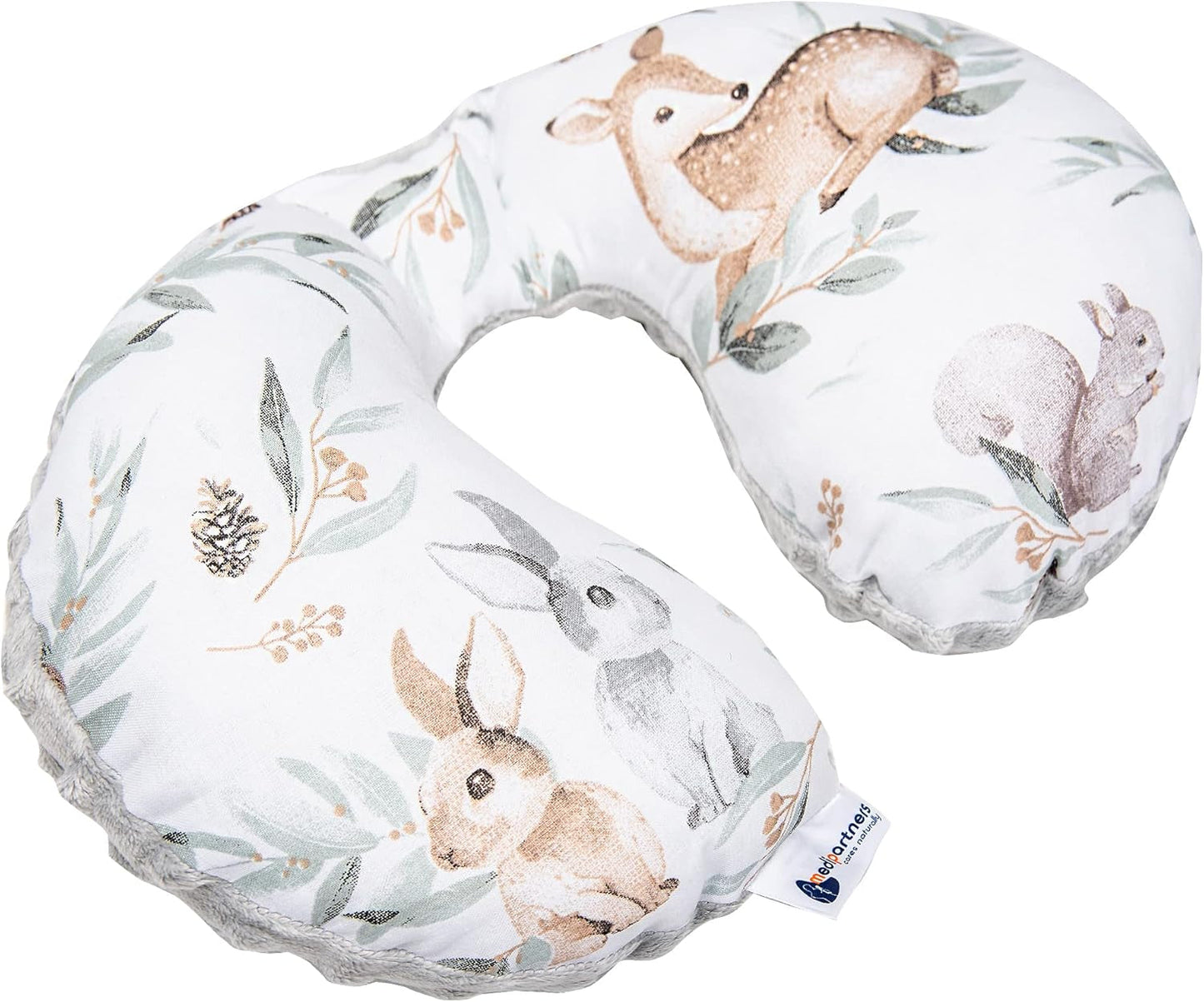 Medi Partners Baby nakkepude Nakkestøtte 100% bomuld / minky baby nakkepude til bil klapvogn rejser rejser sove nakkepude snooze roll (REH med grå Minky) Cervikale ortopædiske puder Naty Shop Deer i blade med grå minky