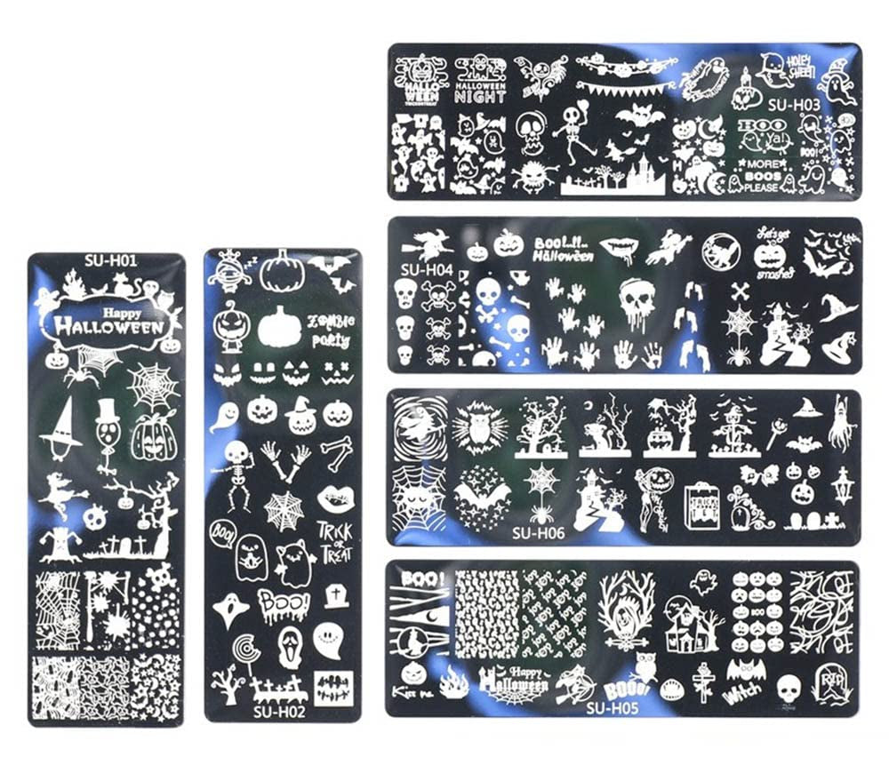 JMEOWIO Nail Stamping Stencils Halloween 6 Stück Nagelstempel Stencils Nail Art Dekoration Nageldesign Tilbehør Böse Gruselige Kürbis-Geisterhexe