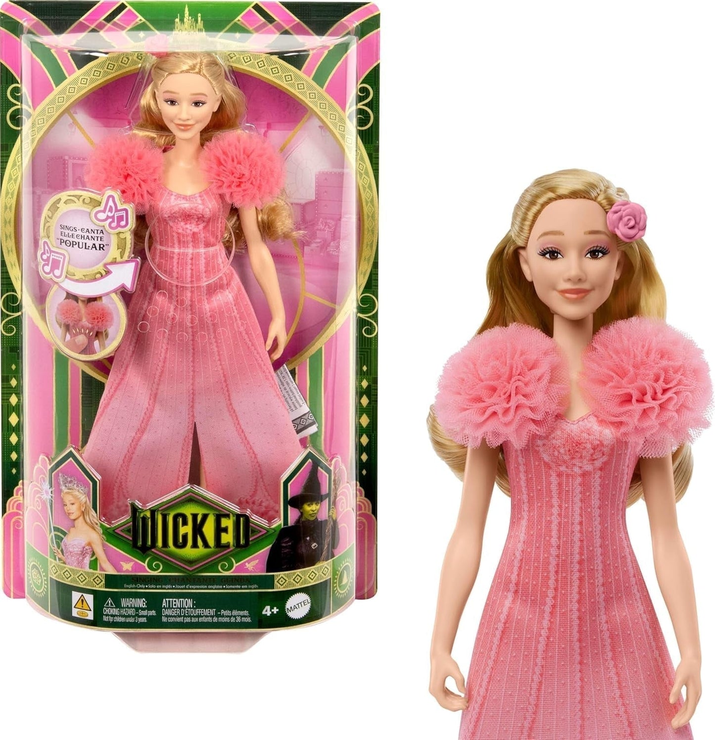 Mattel Singing Glinda Fashion Doll fra Wicked og tilbehør, møbler og film-inspireret look og aftageligt outfit, synger "Hotly Loved", JLG49, Pink Naty Shop Dolls Standardtitel