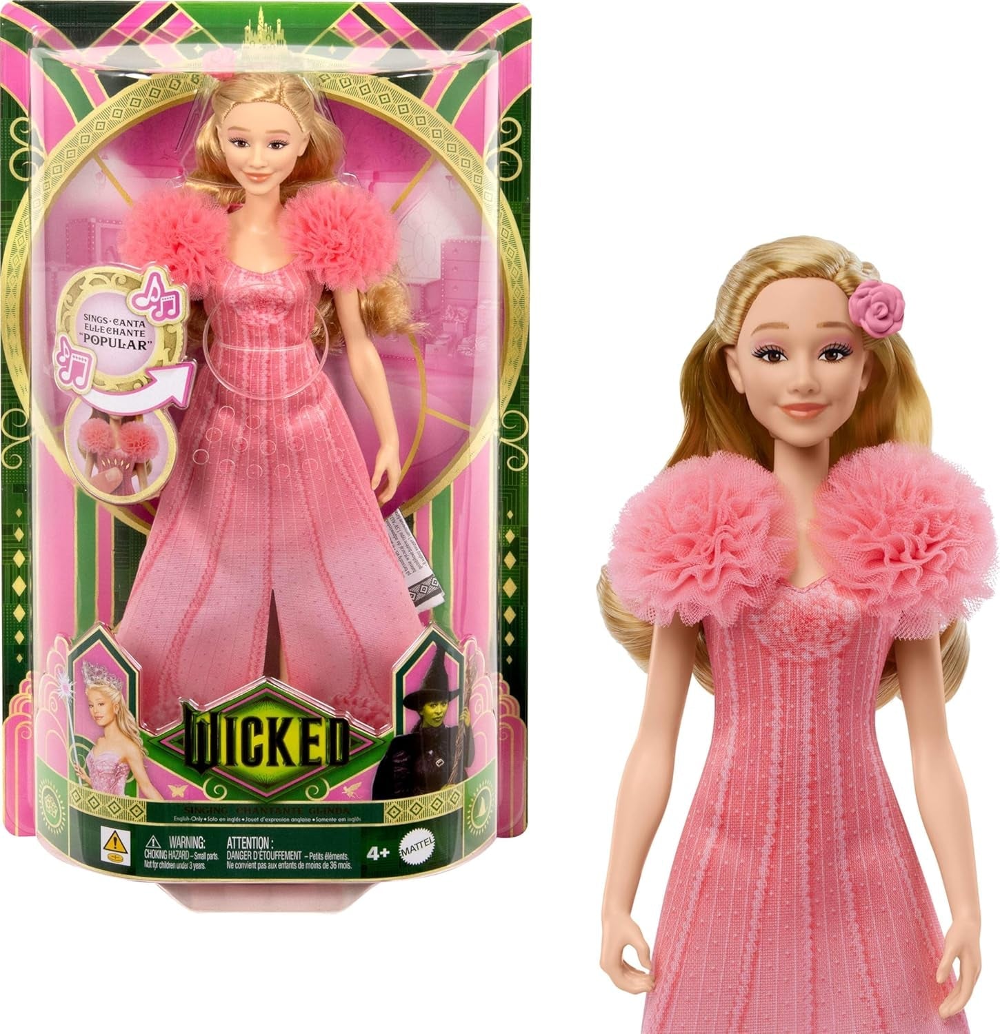 Mattel Glinda fra Wicked and Accessories Artikuleret film-inspireret dukke med aftageligt outfit Sings Loved by Us JLG49 Pink