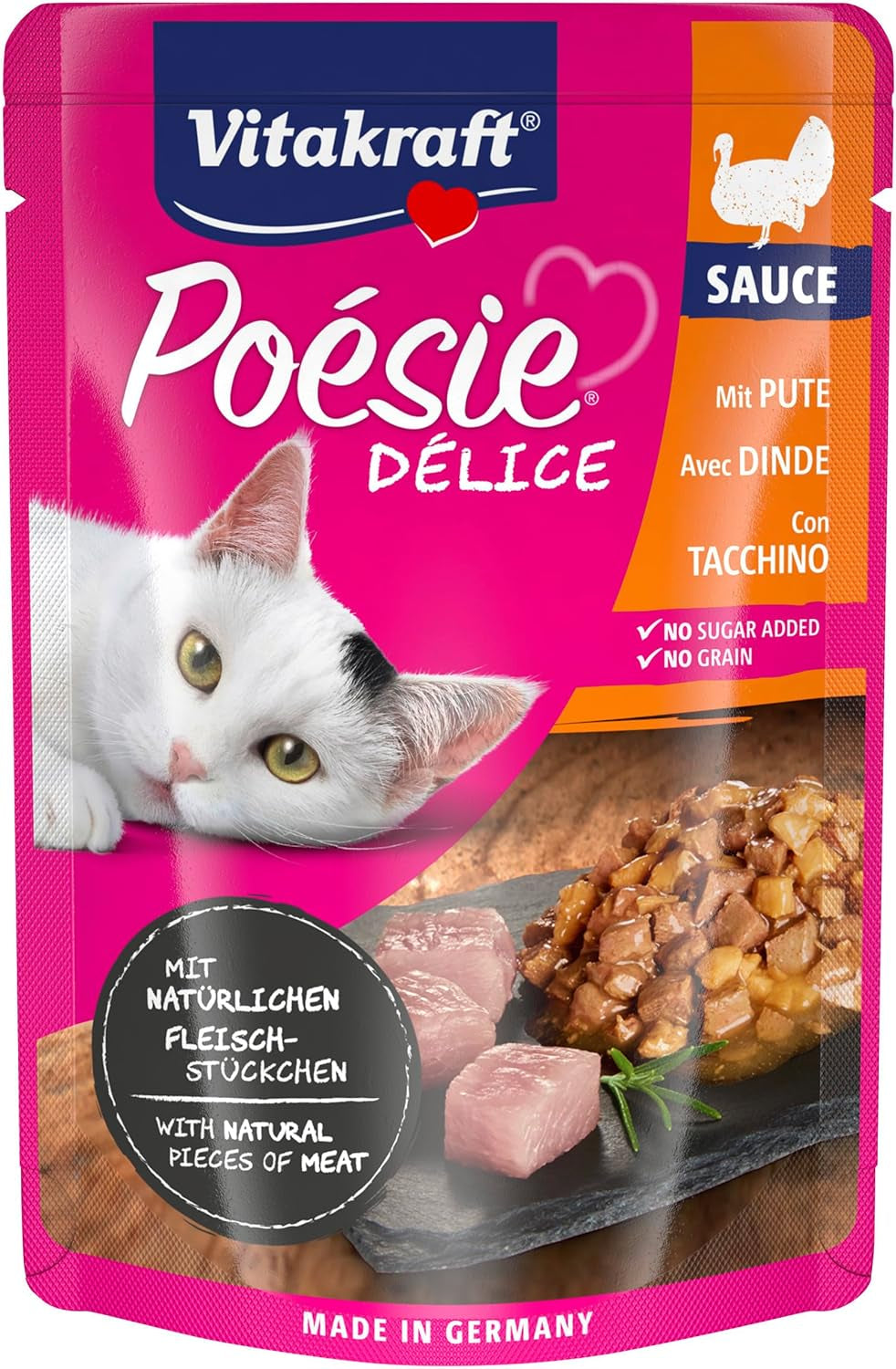 Vitakraft Poésie Délice, våd kattefoder, kattefoder i sauce, med kalkun, bulkpakning, uden tilsat sukker eller korn (23 x 85g)
