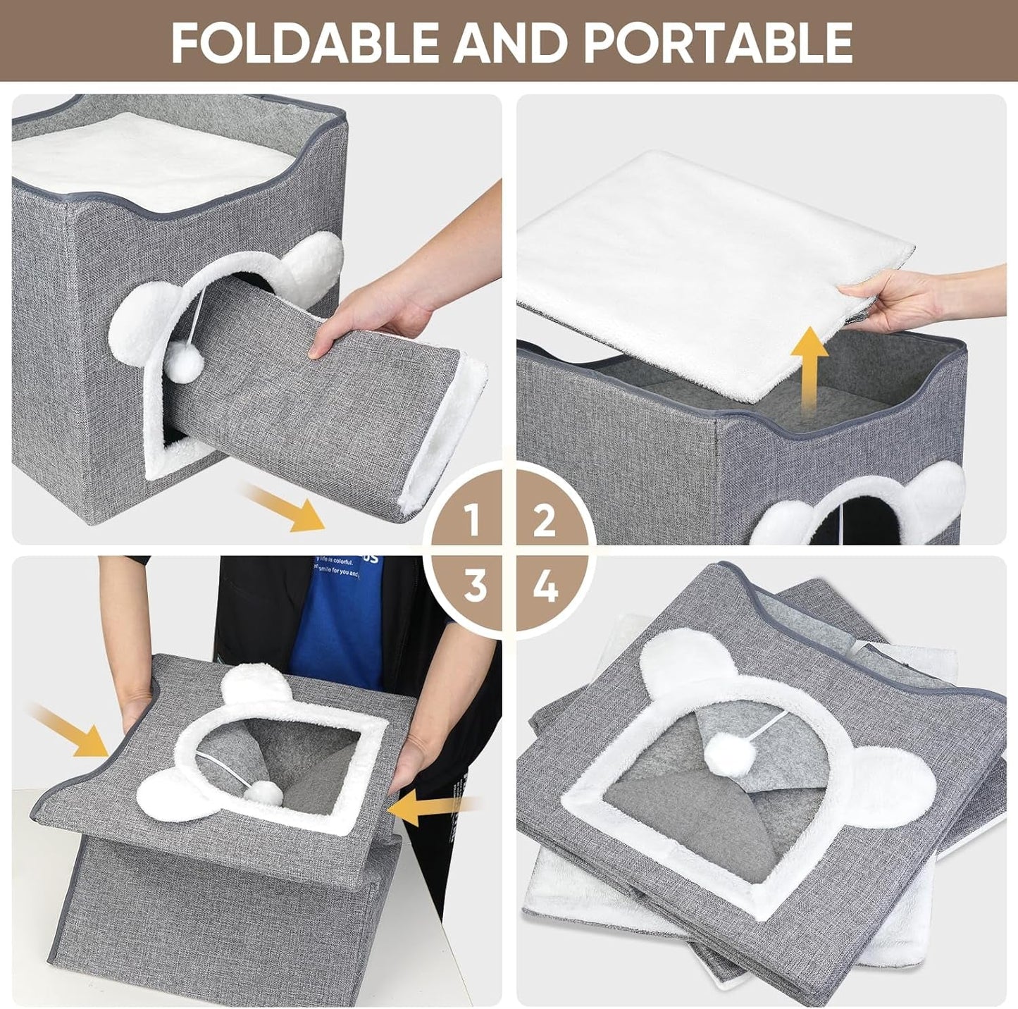 Katzenbetten für Indoor Katzen, Faltbares Katzenhaus, Katzenhöhle 2 Schicht Würfel Großer Raum Katzenbett med Kratzbrett und Spielball, 15,8 x 15,8 x 15 tommer